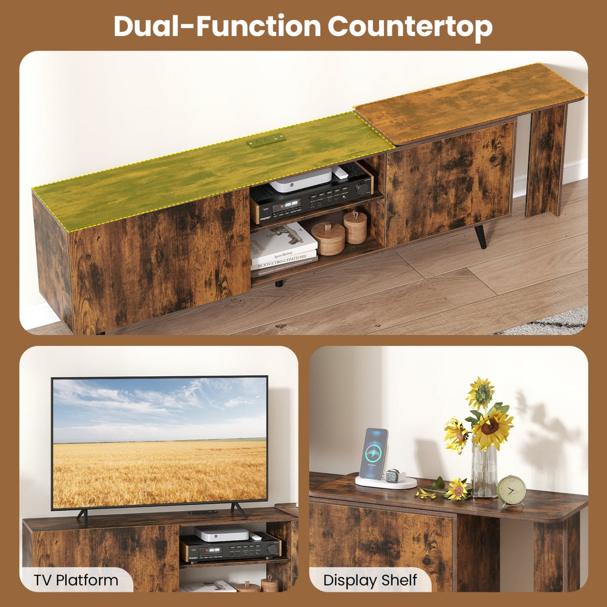 Industrial TV Stand for TVs up to 85" with Wall Shelves - Brown-Entertainment Centers & TV Stands-DECOROLALA