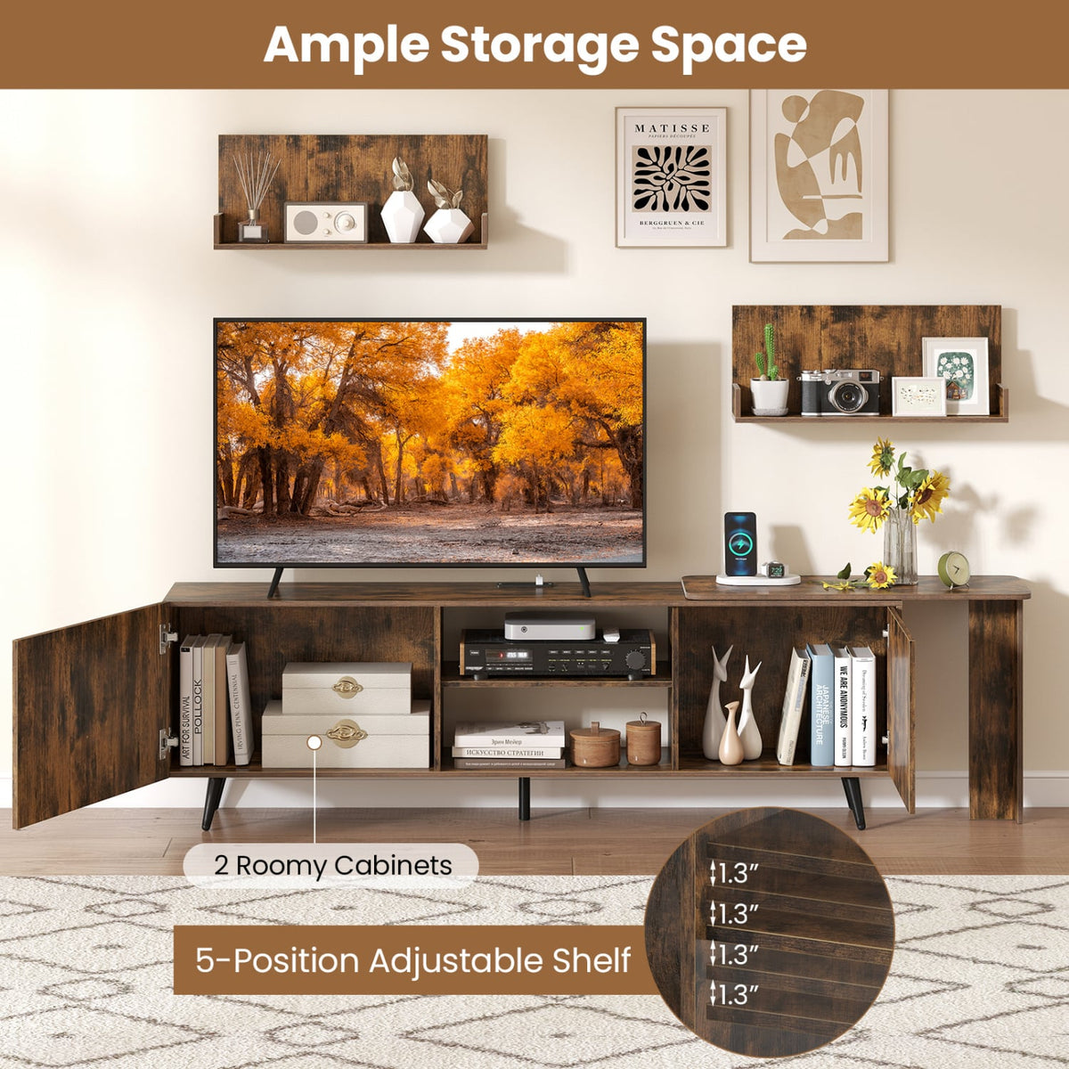 Industrial TV Stand for TVs up to 85" with Wall Shelves - Brown-Entertainment Centers & TV Stands-DECOROLALA