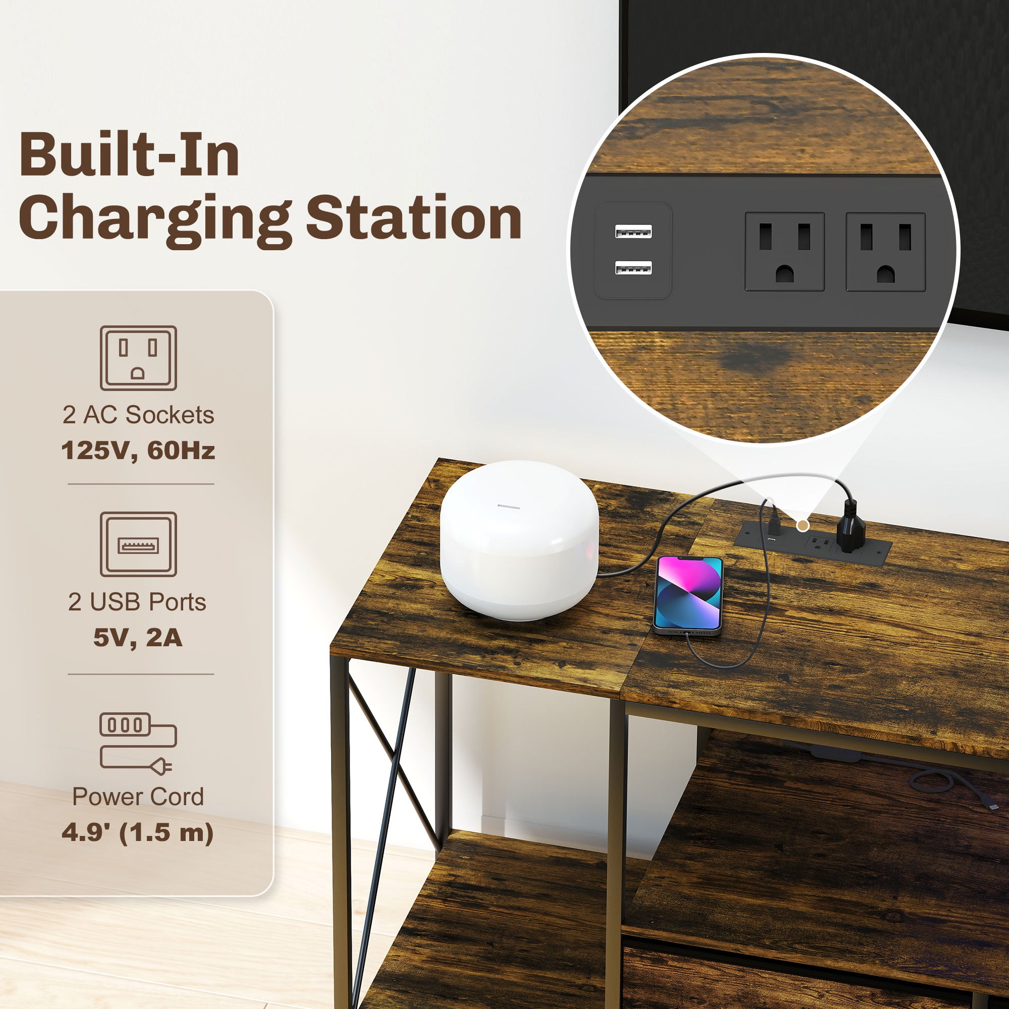 Industrial TV Stand for up to 55 Inch TV, TV Console with Charging Station and RGB LED Lights, Rustic Brown-Home Furnishings > Living Room Furniture > TV¬†Stands-DECOROLALA