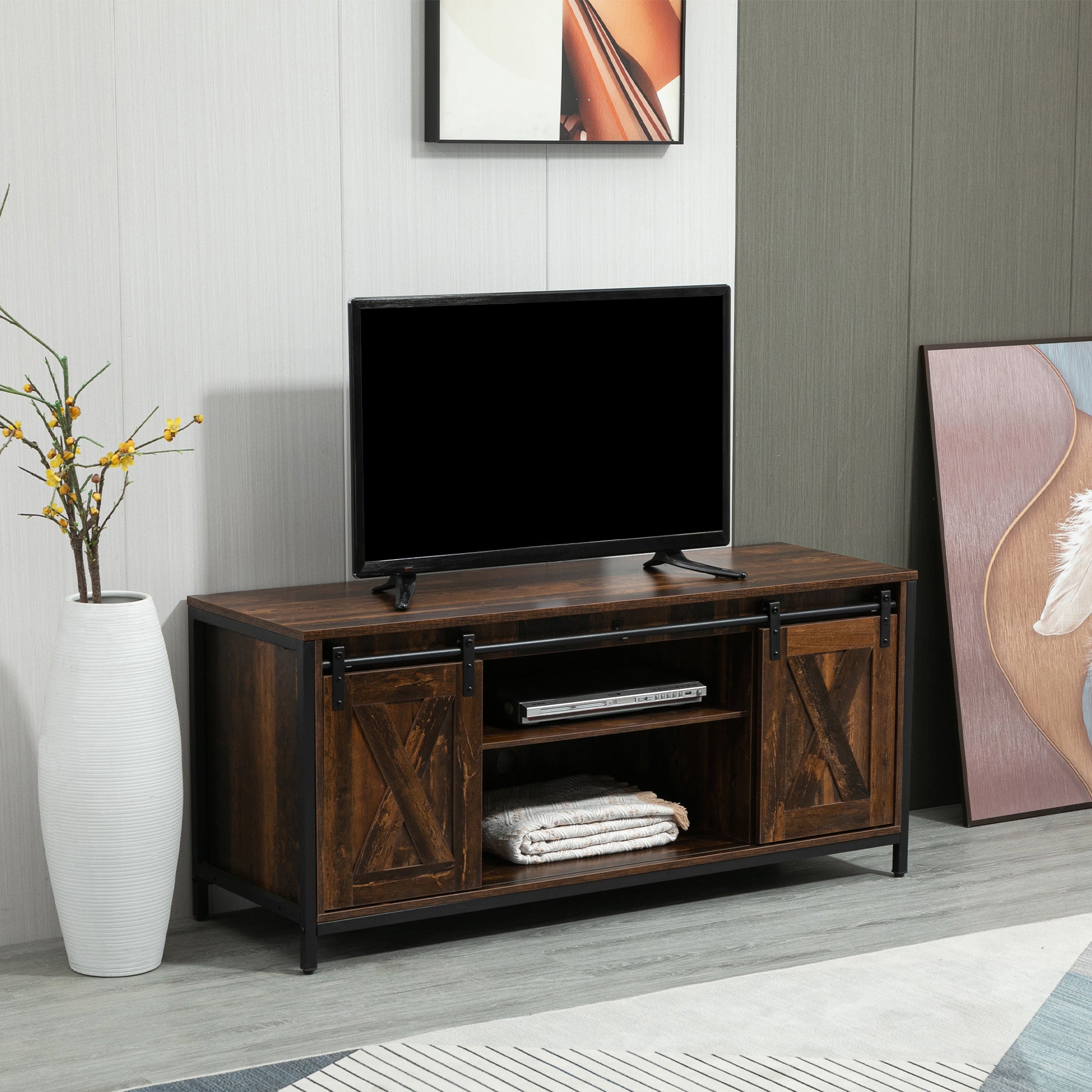 Industrial TV Stand with Sliding Barn Doors for TVs up to 60"-DECOROLALA