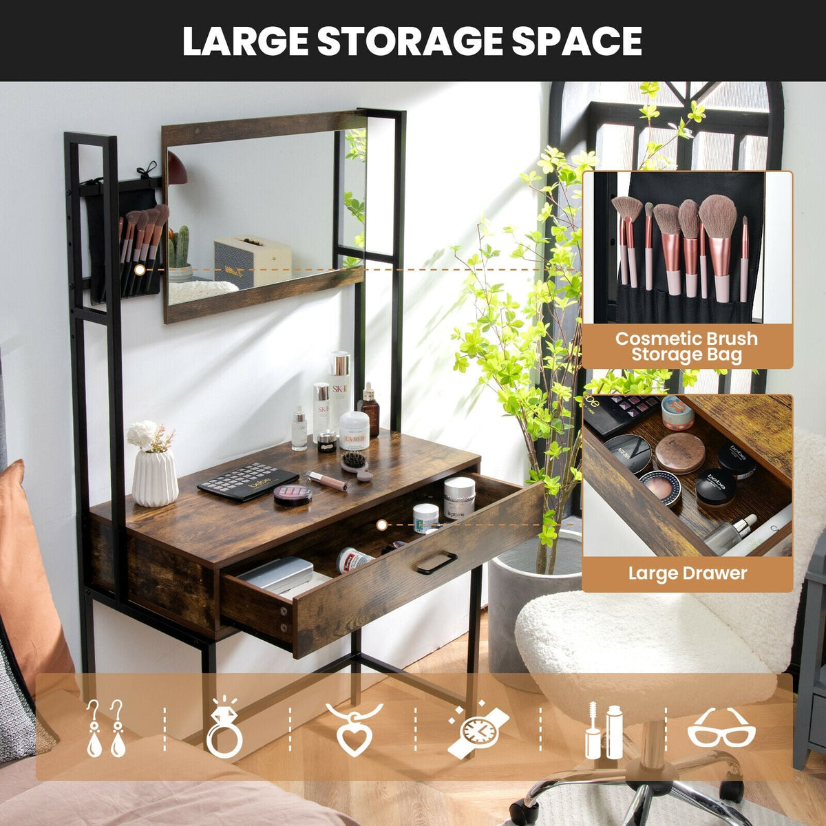 Industrial Vanity Table with 3-Height Adjustable Mirror Bag-Brown-Makeup Vanities-DECOROLALA
