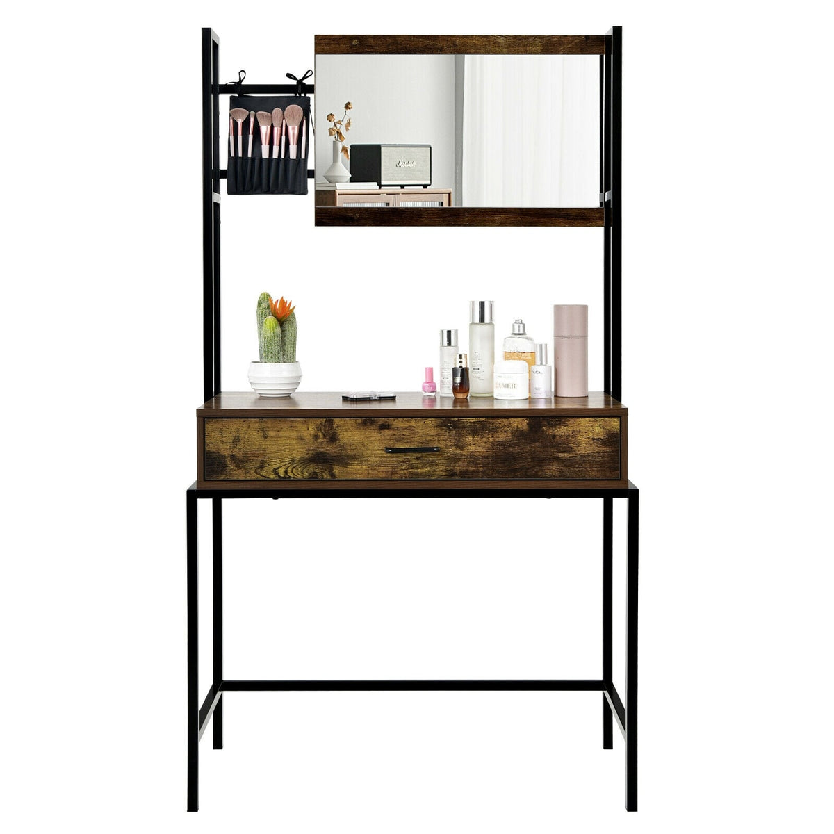 Industrial Vanity Table with 3-Height Adjustable Mirror Bag-Brown-Makeup Vanities-DECOROLALA