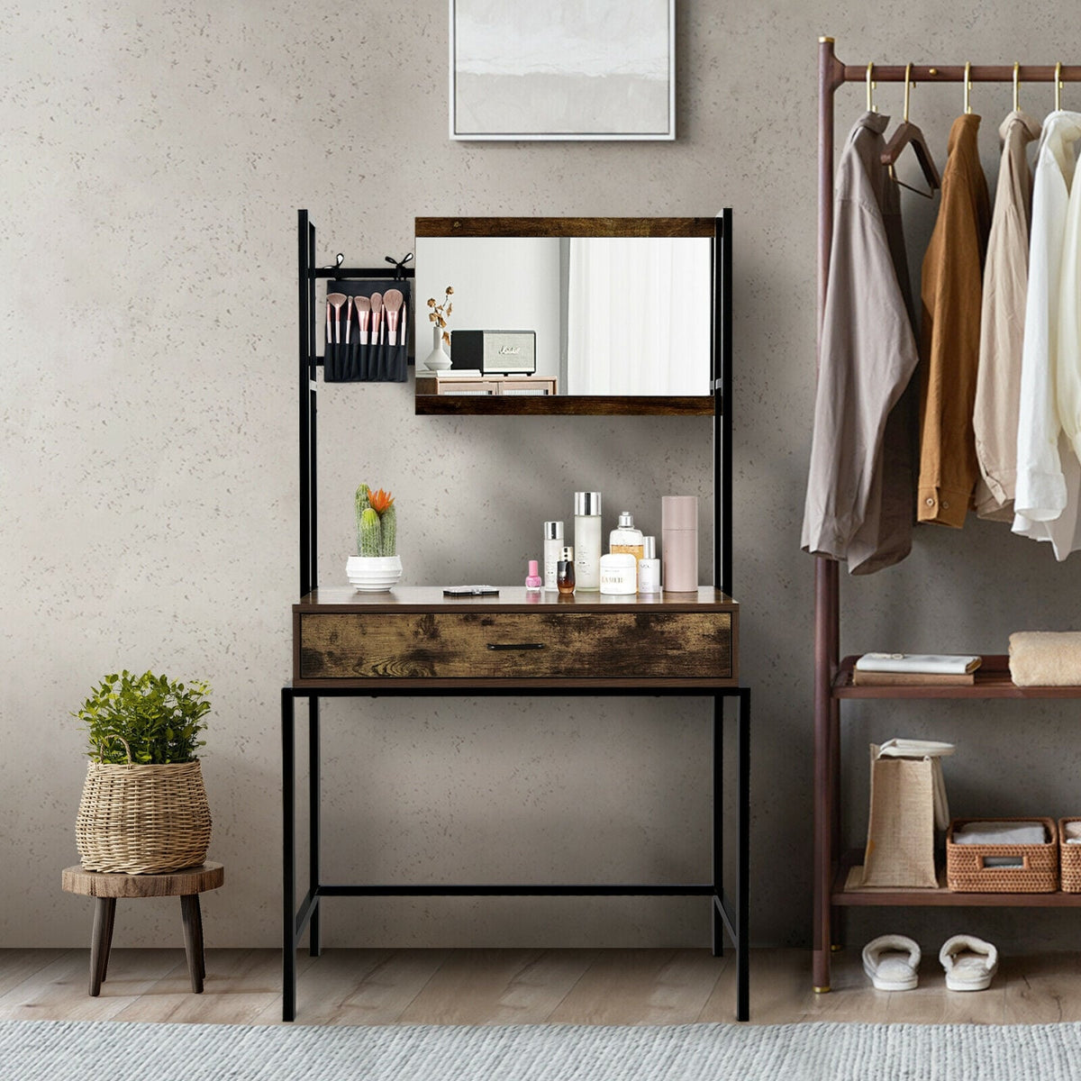 Industrial Vanity Table with 3-Height Adjustable Mirror Bag-Brown-Makeup Vanities-DECOROLALA