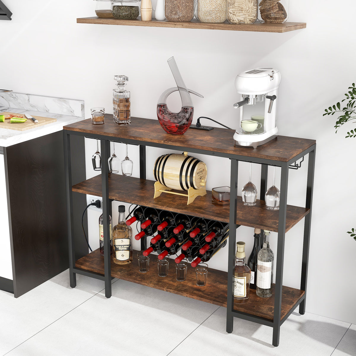 Industrial Wine Rack Wine Bar Cabinet with Storage Shelves-Brown-Wine Racks-DECOROLALA