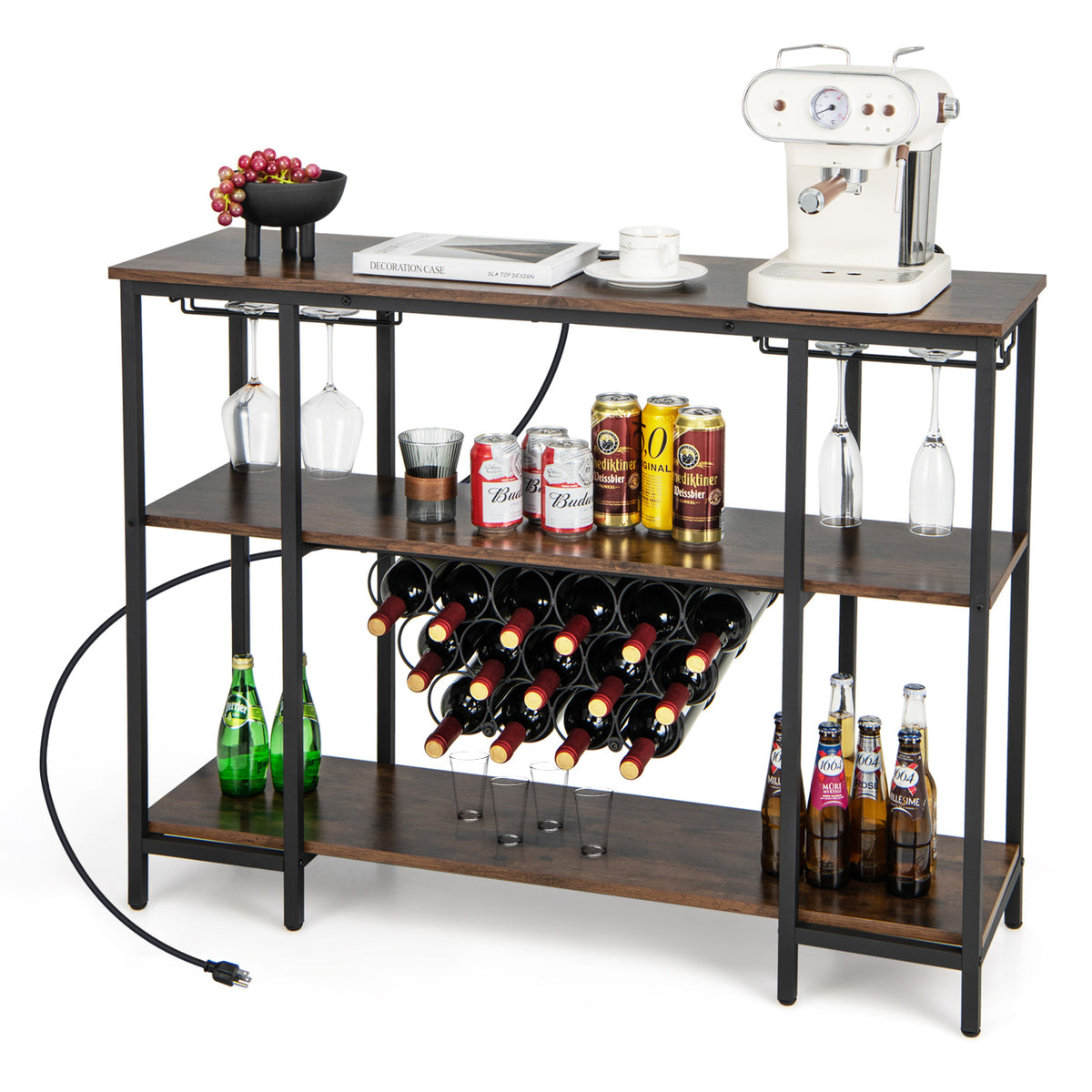 Industrial Wine Rack Wine Bar Cabinet with Storage Shelves-Brown-Wine Racks-DECOROLALA