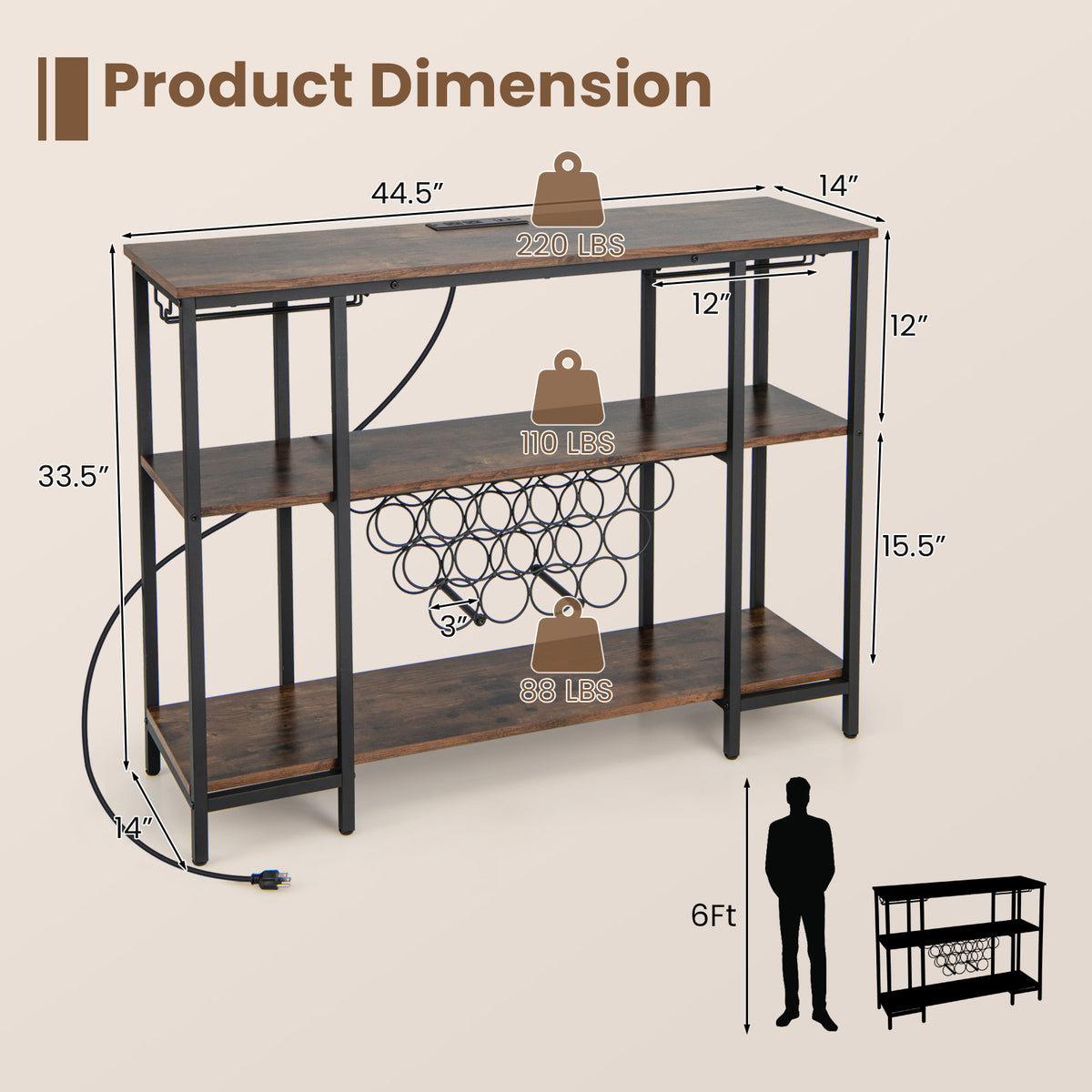 Industrial Wine Rack Wine Bar Cabinet with Storage Shelves-Brown-Wine Racks-DECOROLALA
