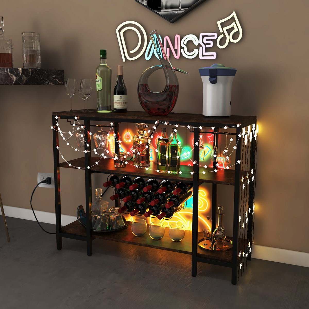 Industrial Wine Rack Wine Bar Cabinet with Storage Shelves-Brown-Wine Racks-DECOROLALA