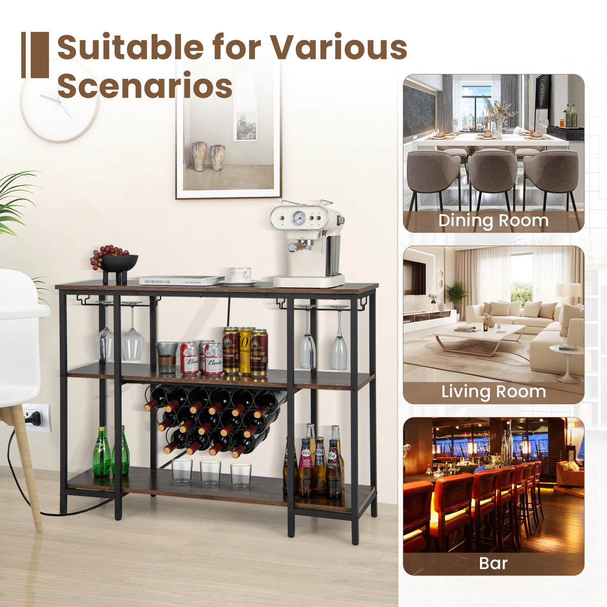 Industrial Wine Rack Wine Bar Cabinet with Storage Shelves-Brown-Wine Racks-DECOROLALA