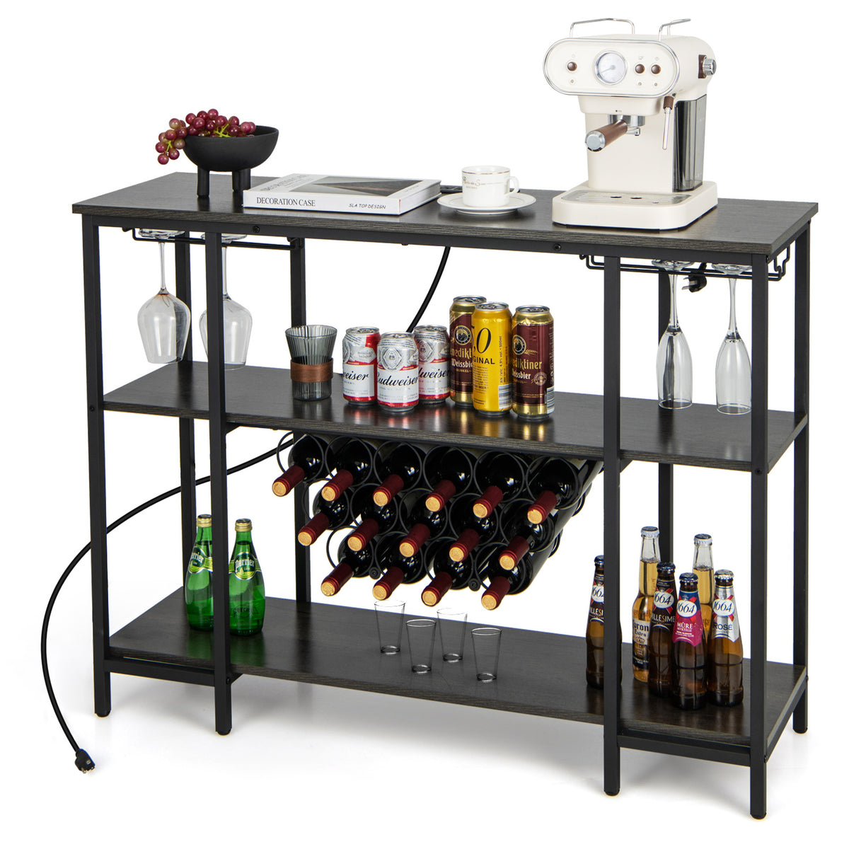 Industrial Wine Rack Wine Bar Cabinet with Storage Shelves-Gray-Wine Racks-DECOROLALA