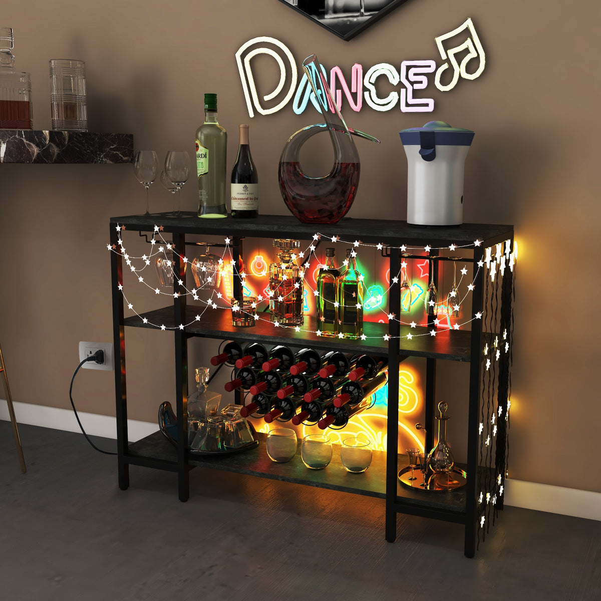 Industrial Wine Rack Wine Bar Cabinet with Storage Shelves-Gray-Wine Racks-DECOROLALA