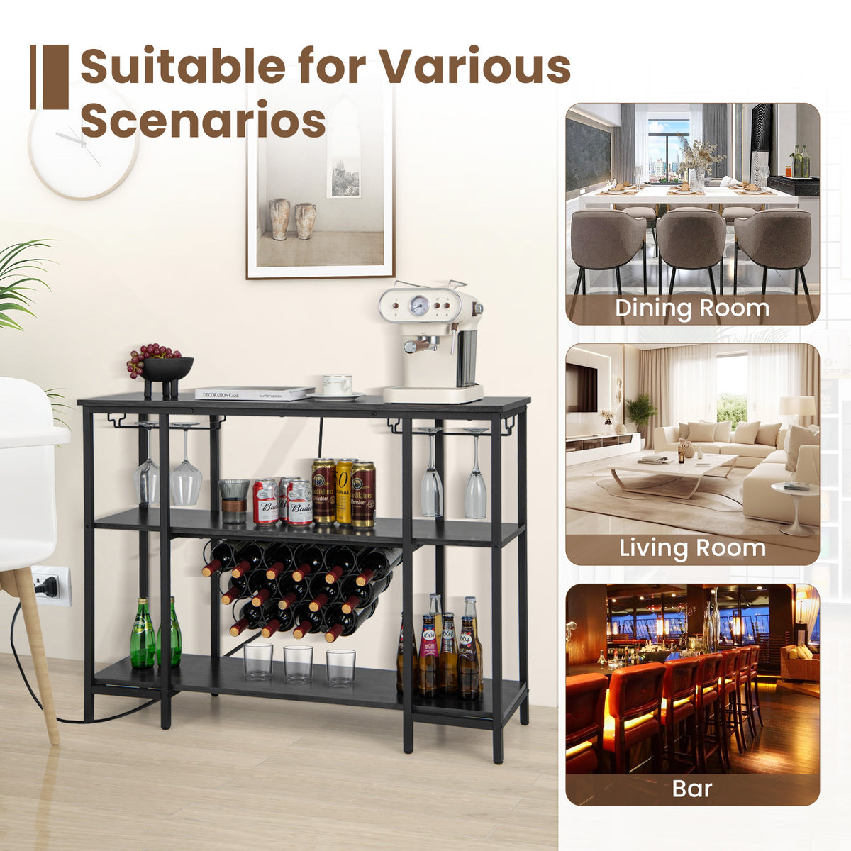 Industrial Wine Rack Wine Bar Cabinet with Storage Shelves-Gray-Wine Racks-DECOROLALA