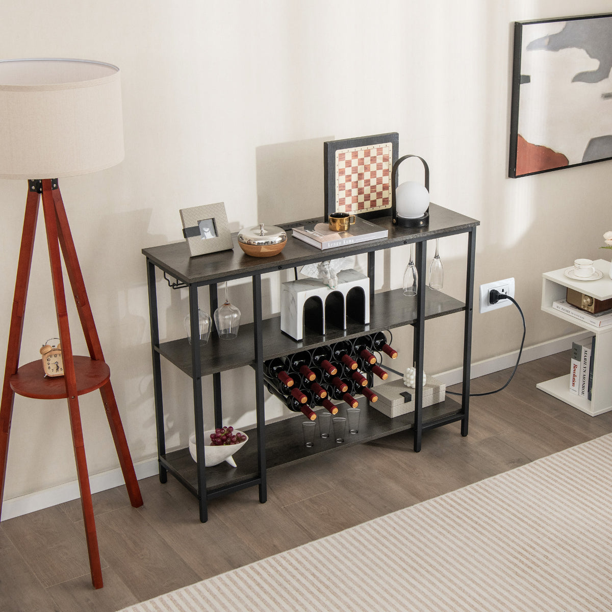 Industrial Wine Rack Wine Bar Cabinet with Storage Shelves-Gray-Wine Racks-DECOROLALA