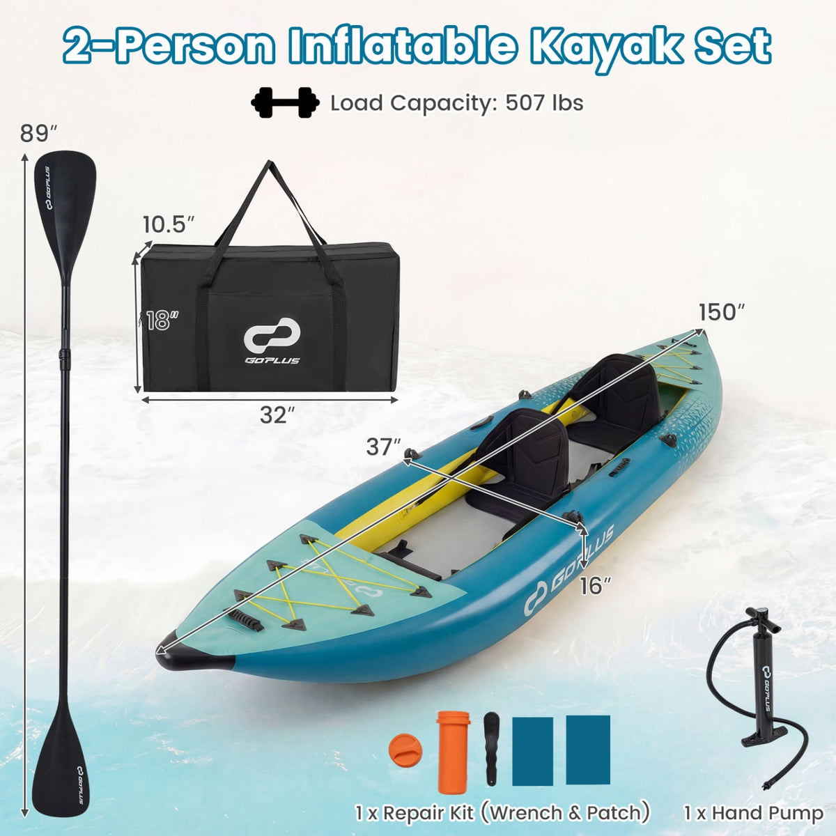 Inflatable 2-person Kayak Set with Aluminium Oars and Repair Kit-Green-Surfing-DECOROLALA