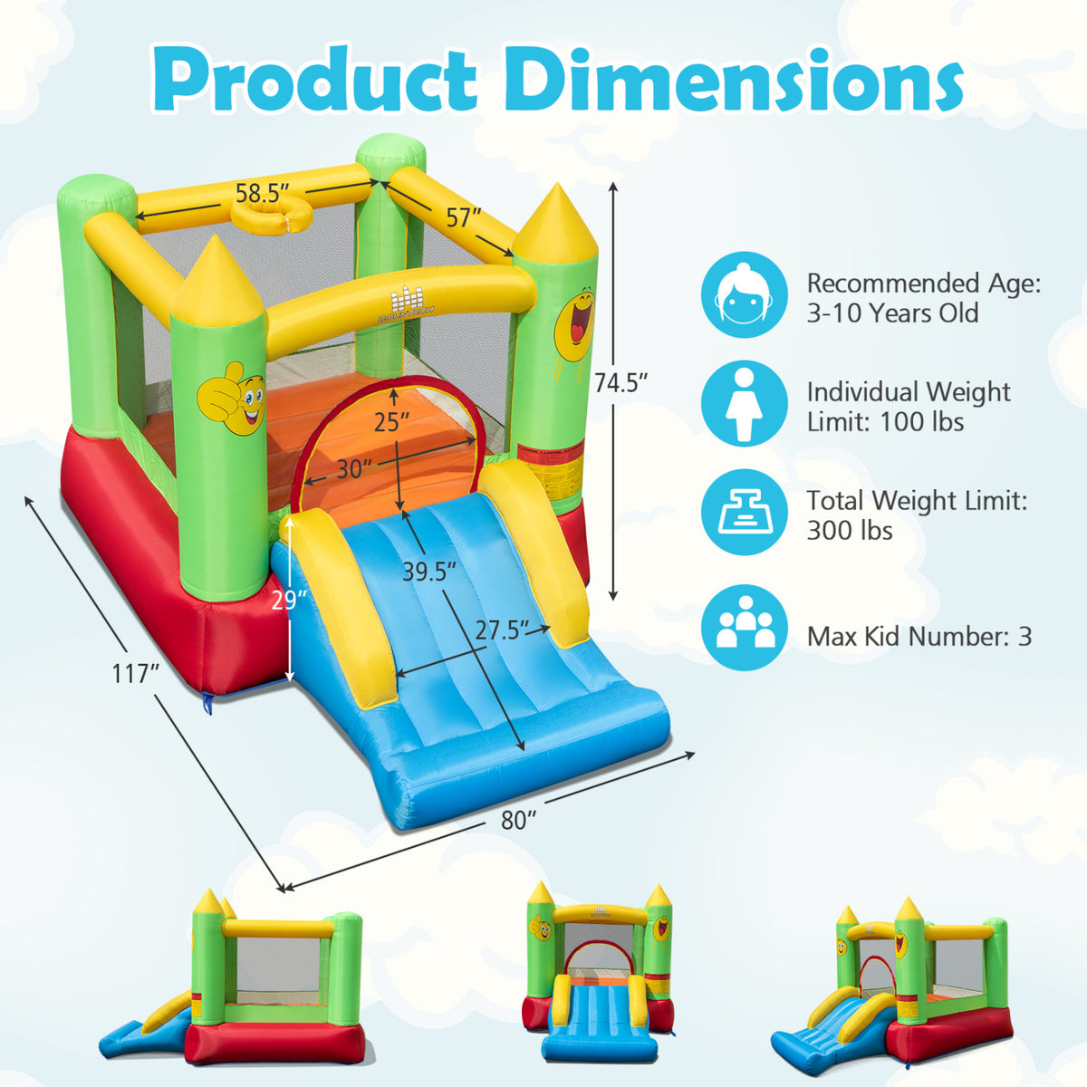 Inflatable Bounce House with Slide and 480W Blower - 117" x 80"