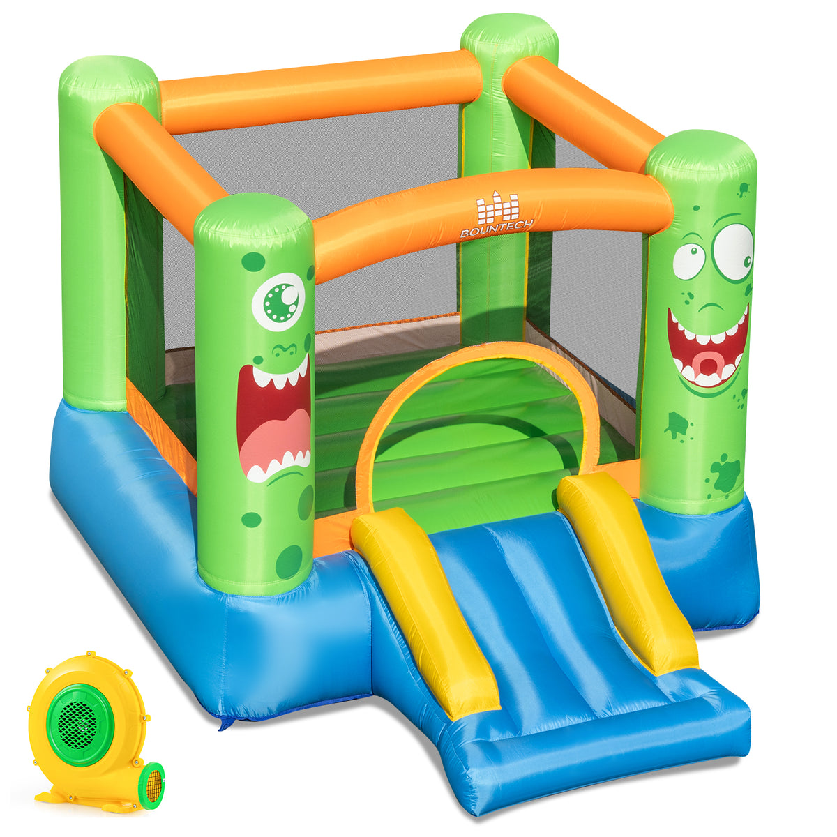 Château gonflable à thème monstre avec grande aire de saut et toboggan, soufflerie de 550 W incluse