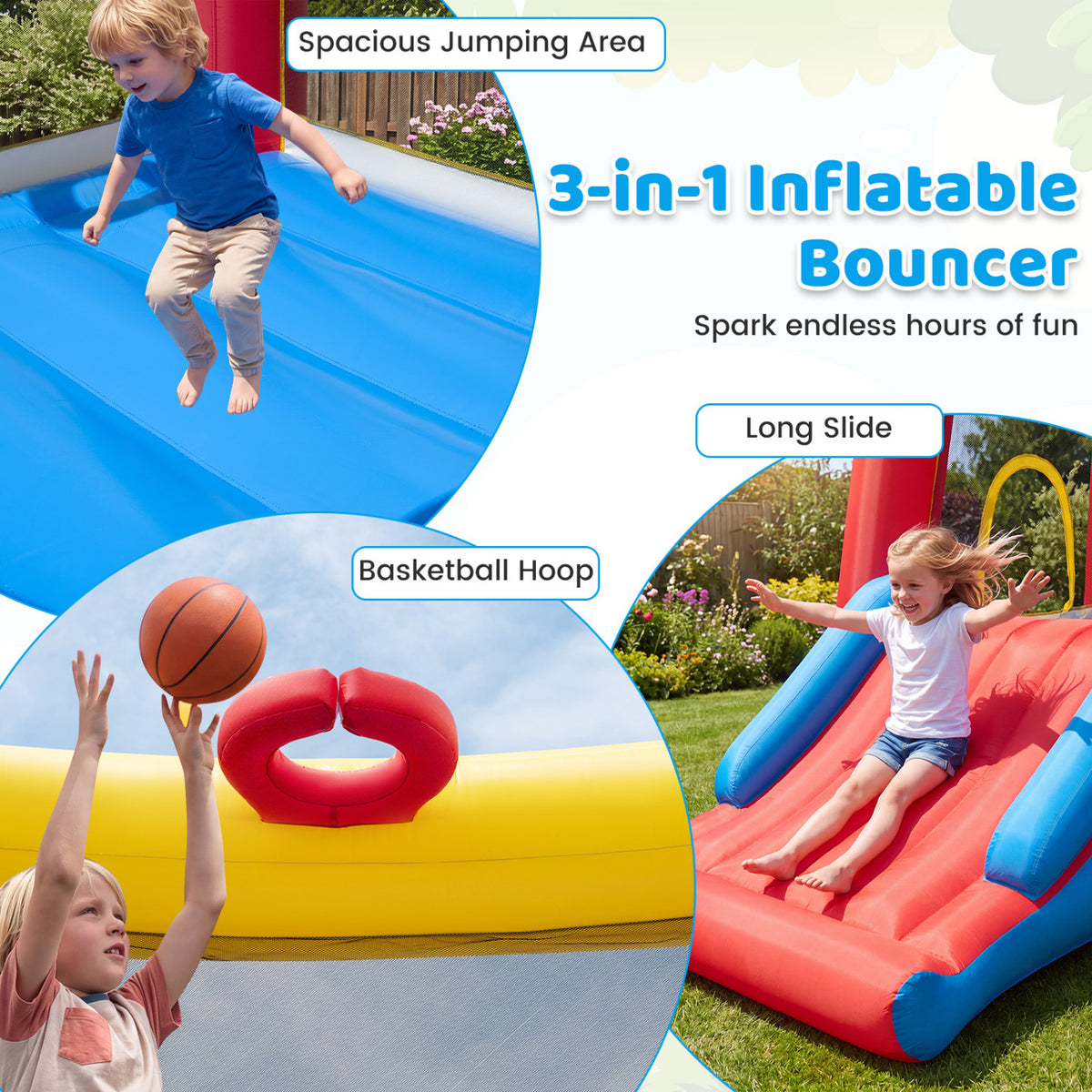 3-in-1 Inflatable Bounce House with 480W Blower - 9x12x7 ft