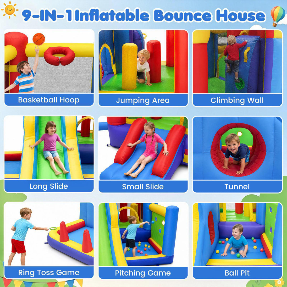 Inflatable Bounce House with 750W Air Blower with SlideSubtitle Climbing Wall and Basketball Hoop for Kid Backyard Indoor Outdoor