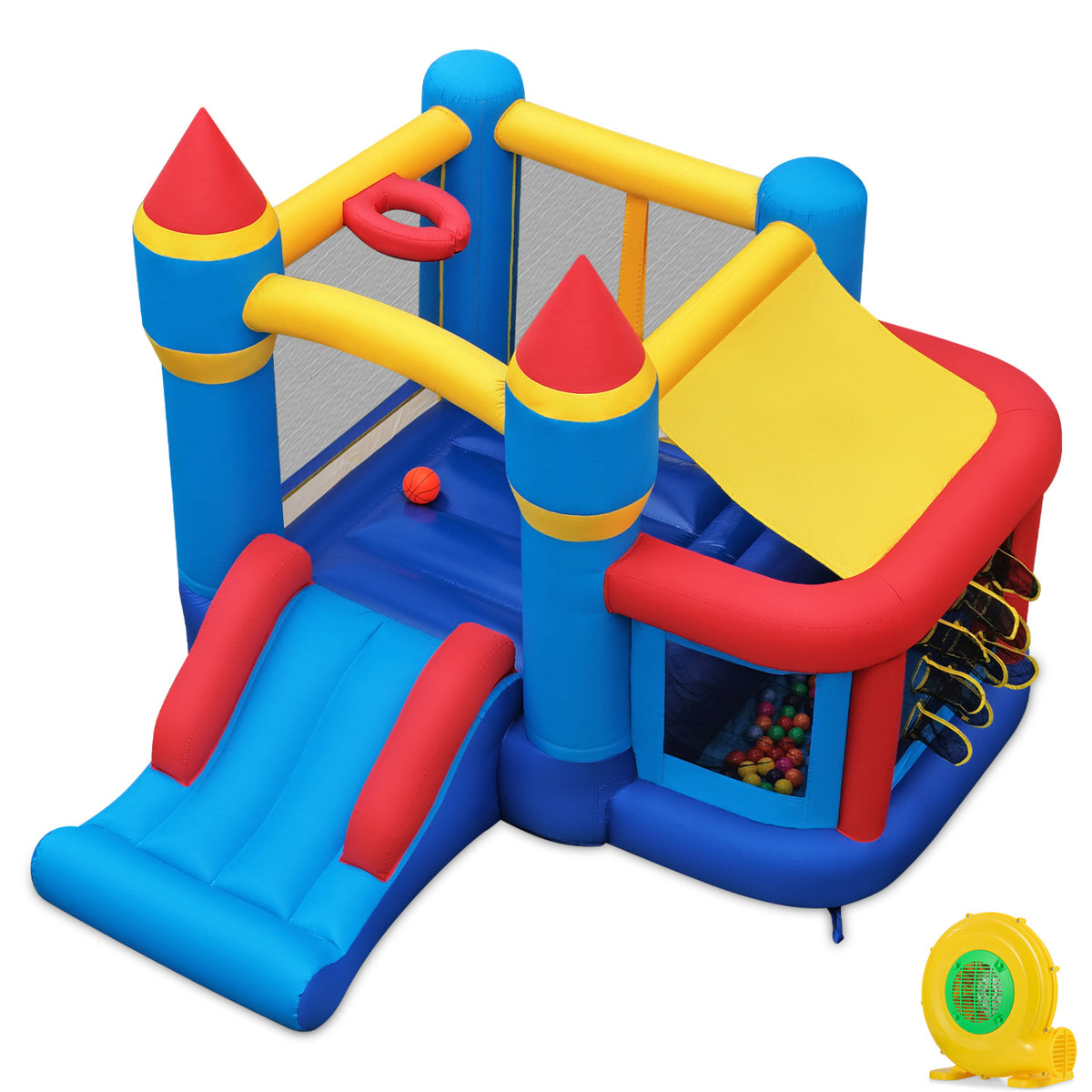 Inflatable Bounce House with Slide, Ball Pit, and Blower - Multi-Color-Inflatable Bounce Houses-DECOROLALA