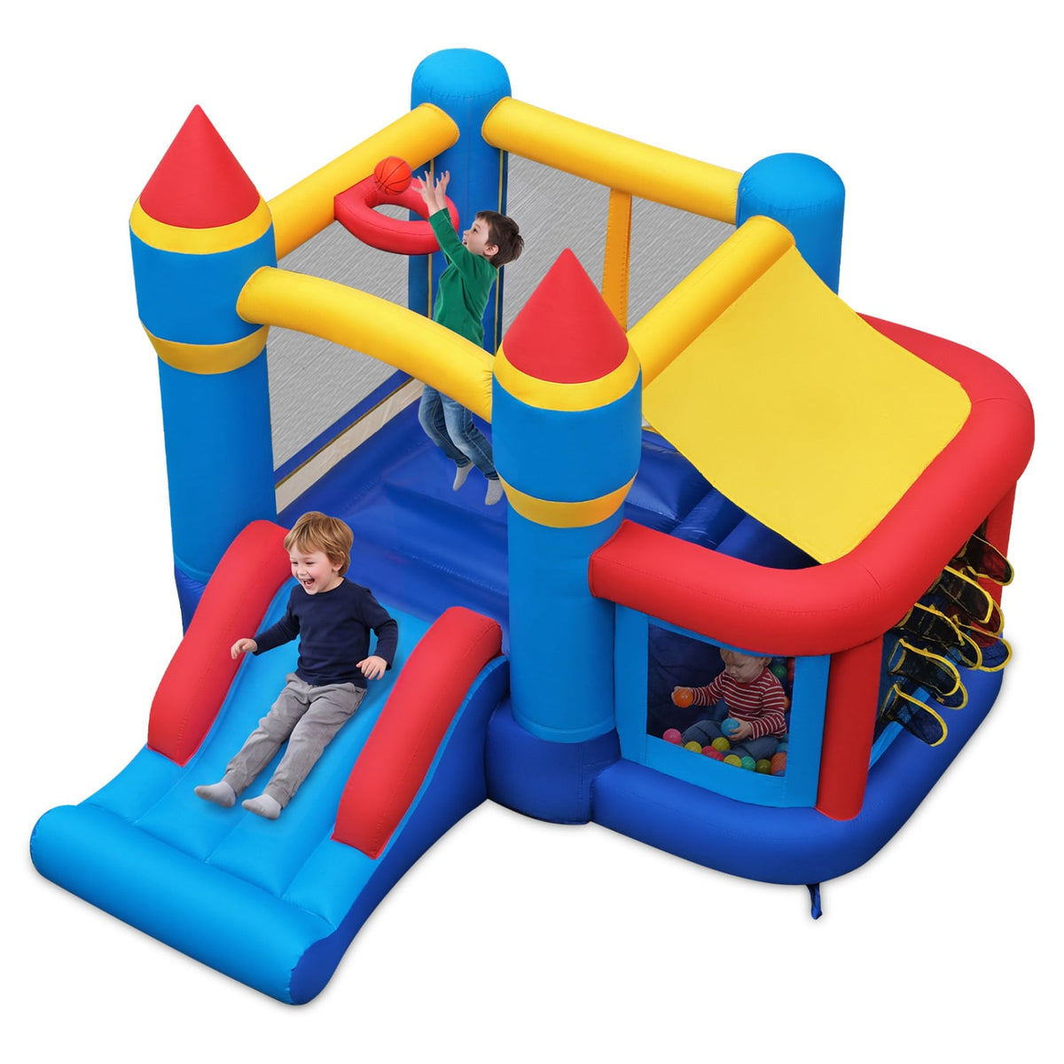 Inflatable Bounce House with Slide, Ball Pit, and Pitching Game-Inflatable Bounce Houses-DECOROLALA