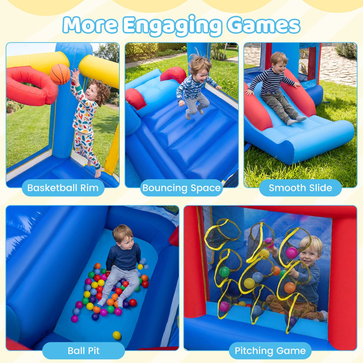 Inflatable Bounce House with Slide, Ball Pit, and Pitching Game-Inflatable Bounce Houses-DECOROLALA