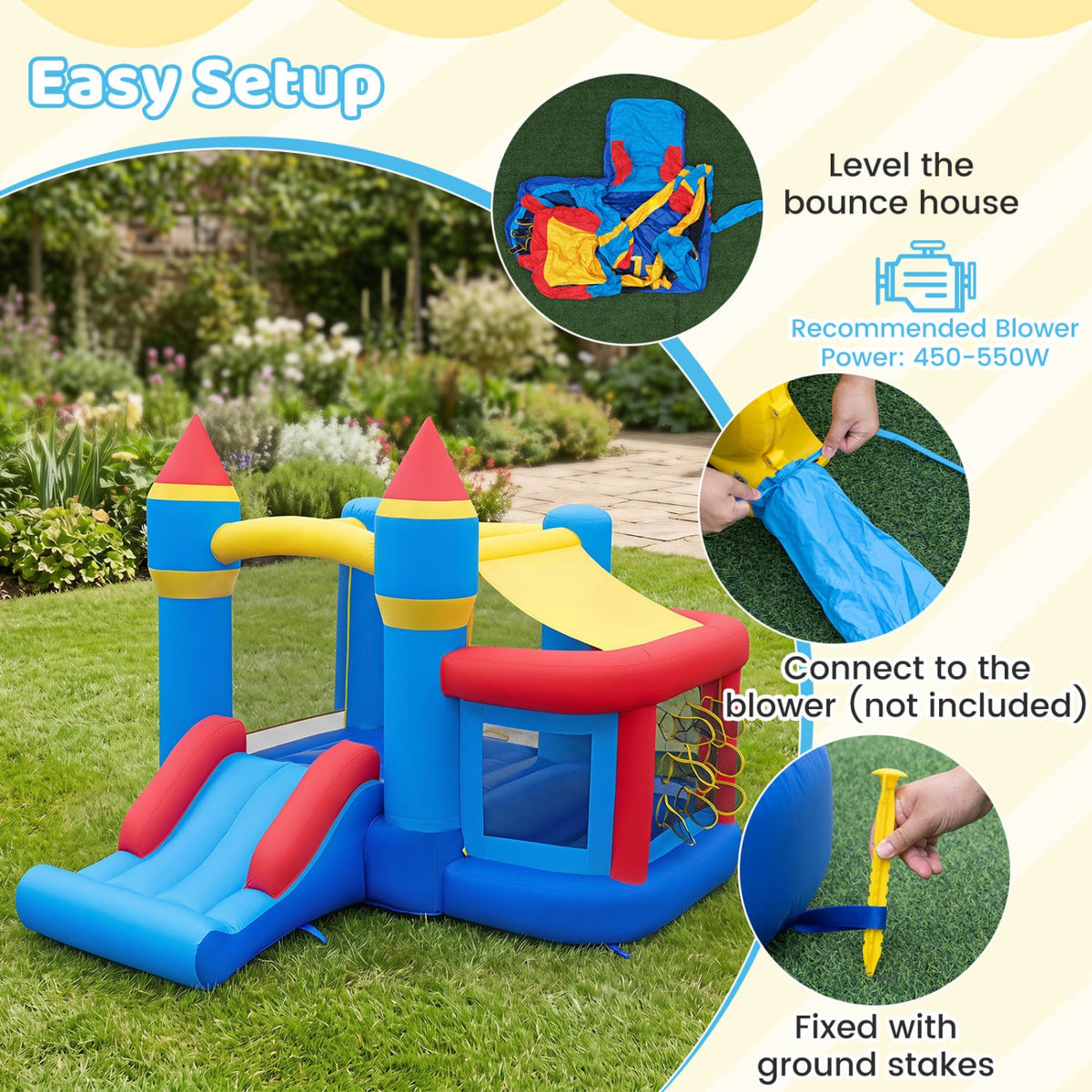 Inflatable Bounce House with Slide, Ball Pit, and Pitching Game-Inflatable Bounce Houses-DECOROLALA
