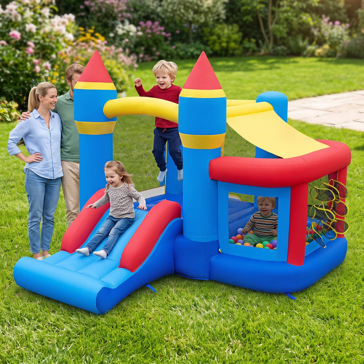 Inflatable Bounce House with Slide, Ball Pit, and Pitching Game-Inflatable Bounce Houses-DECOROLALA