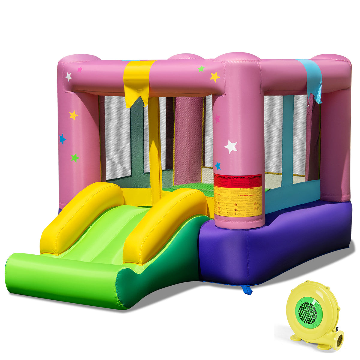 Inflatable Bounce House with Slide, Basketball Hoop and 480W Blower-Inflatable Bounce Houses-DECOROLALA