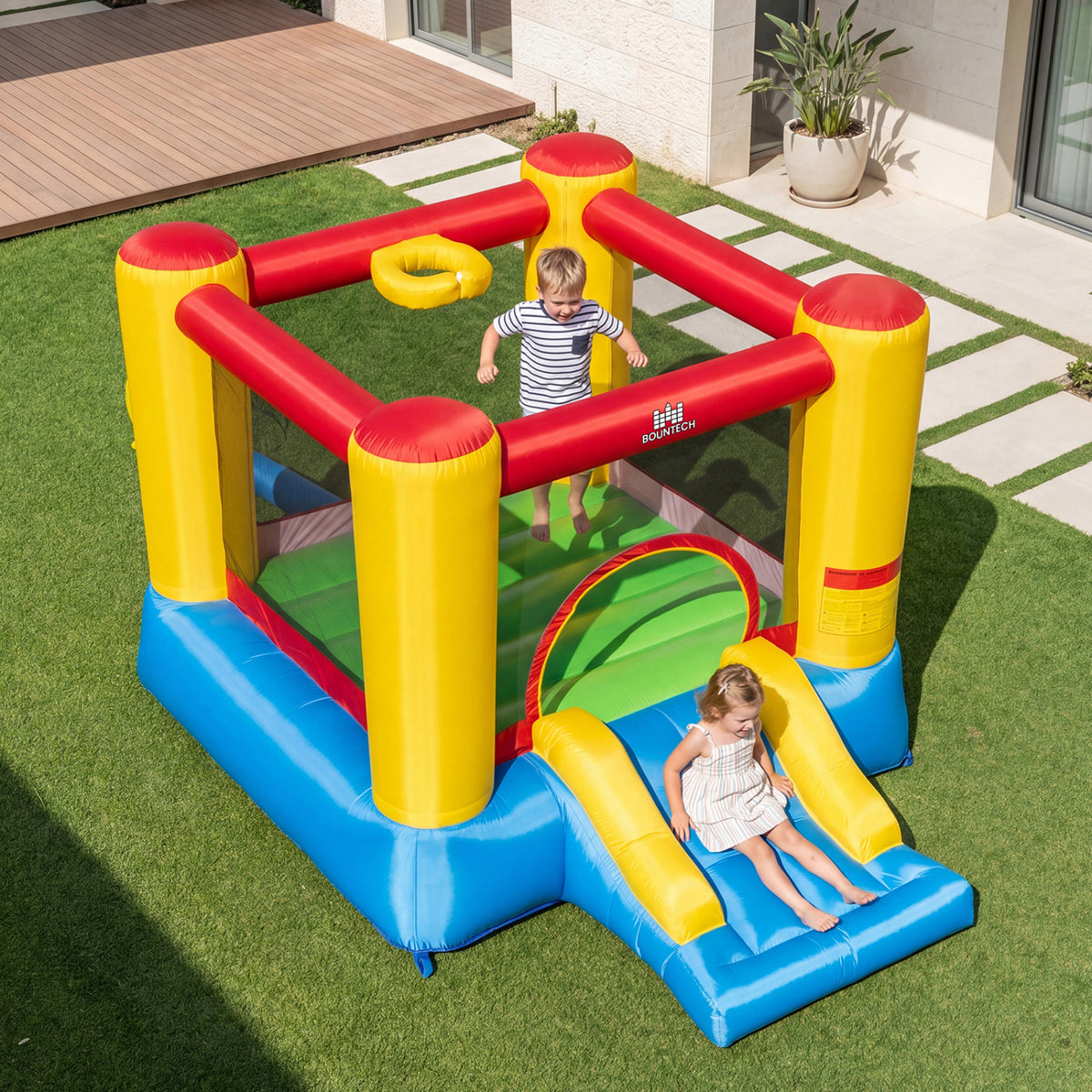 Inflatable Bounce House with Slide, Basketball Rim and 370W Blower-Inflatable Bounce Houses-DECOROLALA