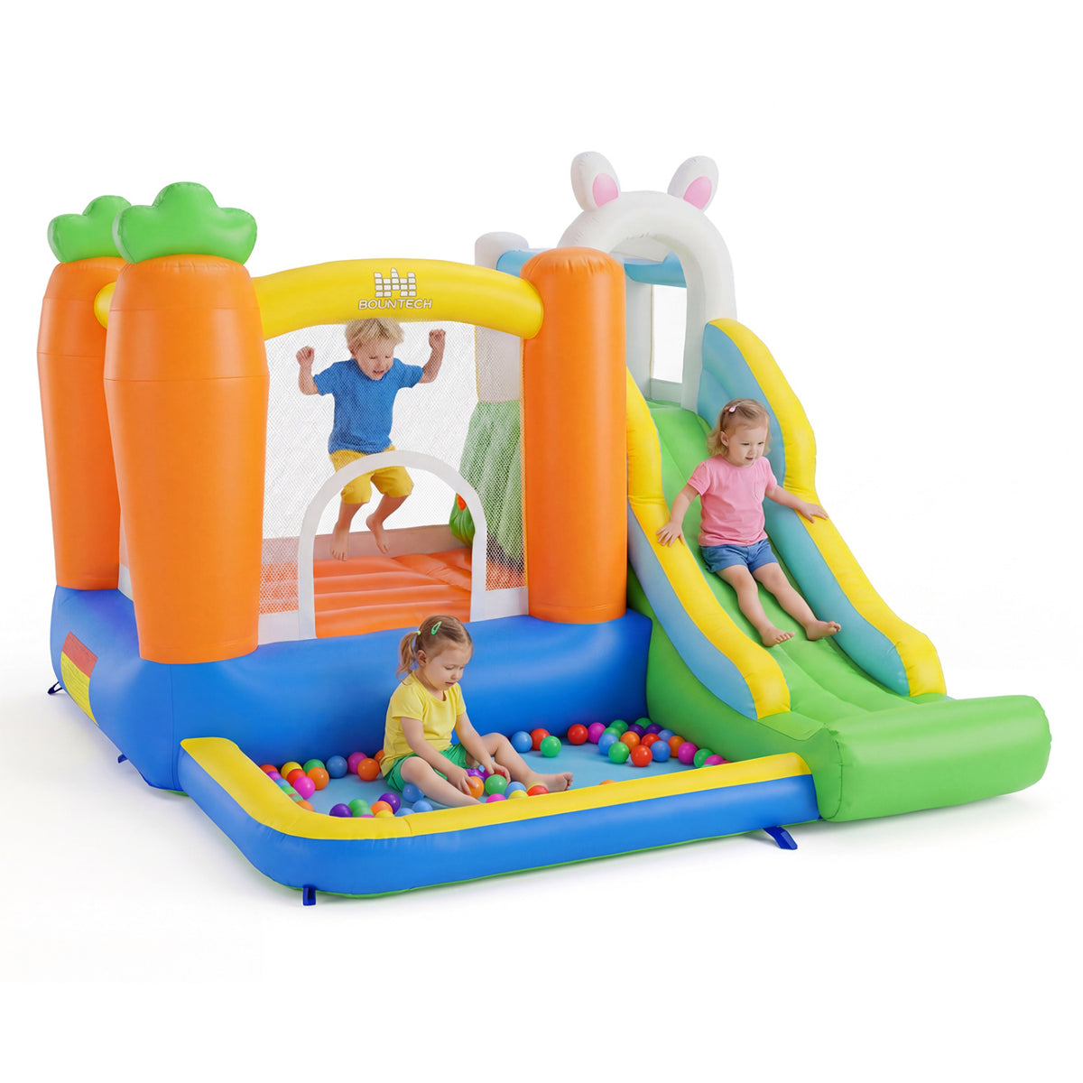 Inflatable Bounce House with Slide, Climbing Wall & Ball Pit - Multi-Color-Inflatable Bounce Houses-DECOROLALA