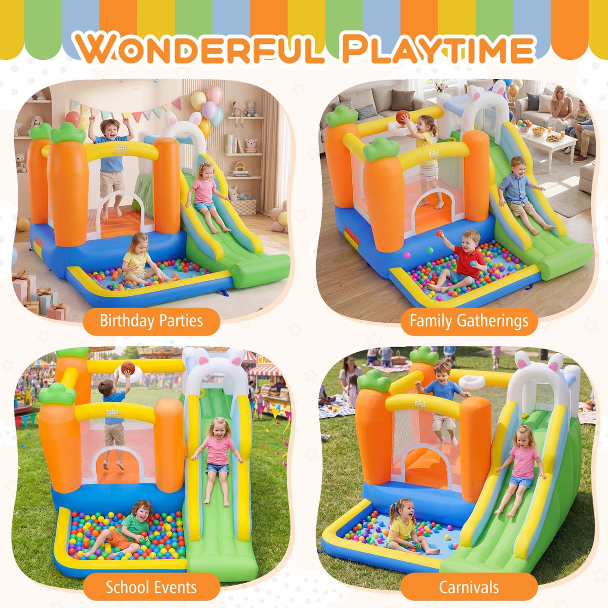 Inflatable Bounce House with Slide, Climbing Wall & Ball Pit - Multi-Color-Inflatable Bounce Houses-DECOROLALA