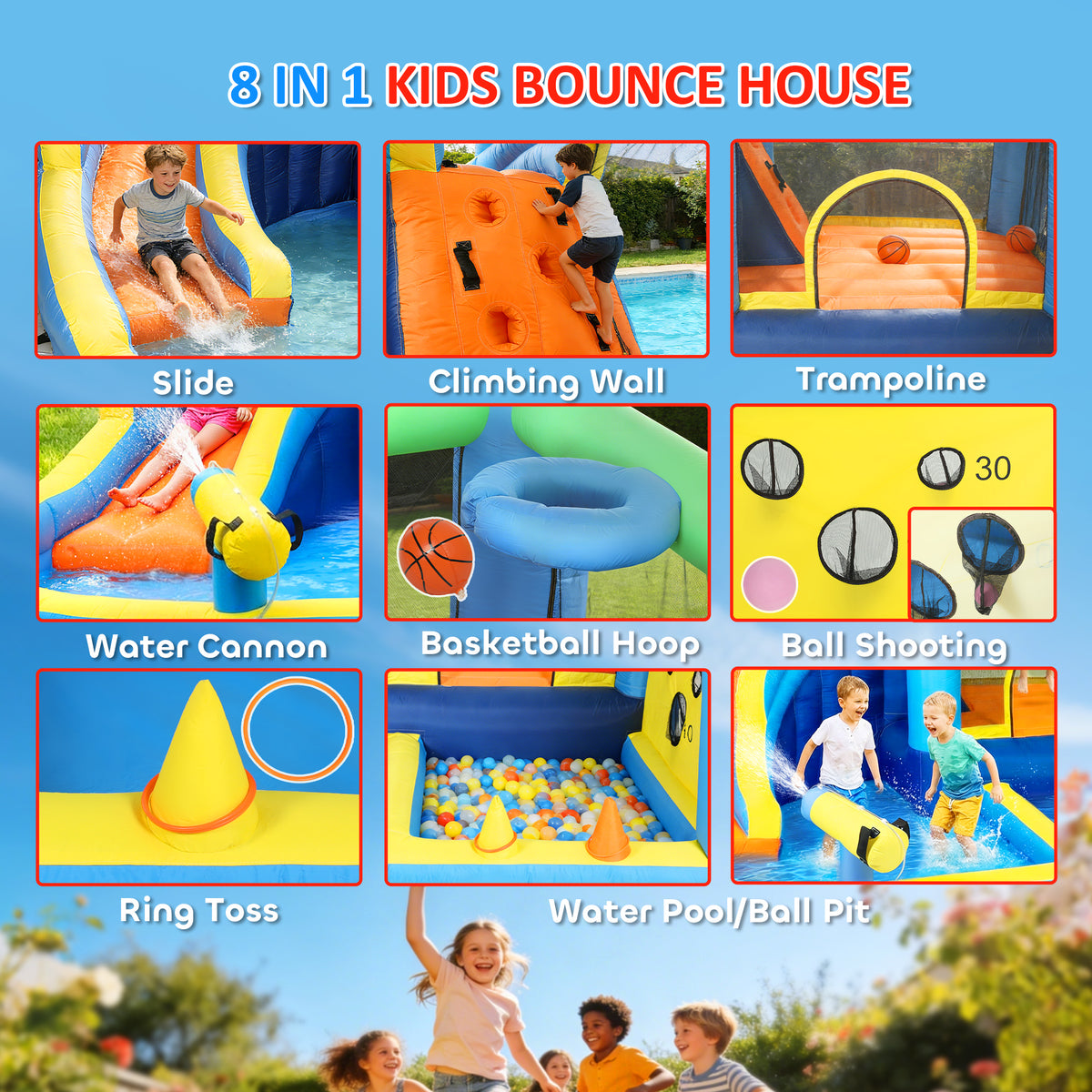 Bouncy Castle for Kids, Inflatable Bounce House with Slide, Pool (Ball Pit), Ball Shooting and Blower for Indoor Outdoor-Toys & Games > Kids Outdoor Play > Inflatables-DECOROLALA
