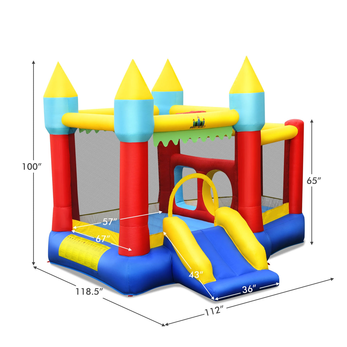 Château gonflable avec toboggan et aire de saut, sans soufflerie