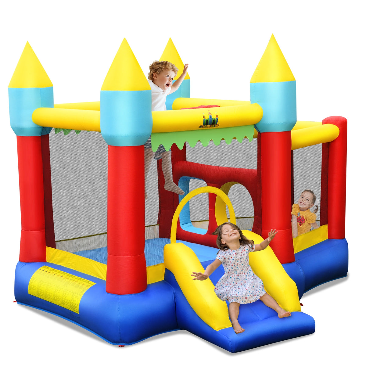 Château gonflable avec toboggan et aire de saut, sans soufflerie