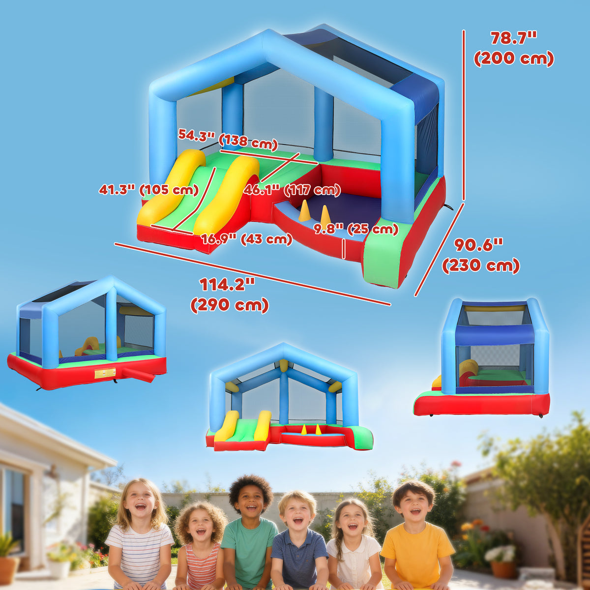 Bouncy Castle for Kids, Inflatable Bounce House with Slide, Ball Pit, Ring Toss Game, Sunshade and Blower-Toys & Games > Kids Outdoor Play > Inflatables-DECOROLALA