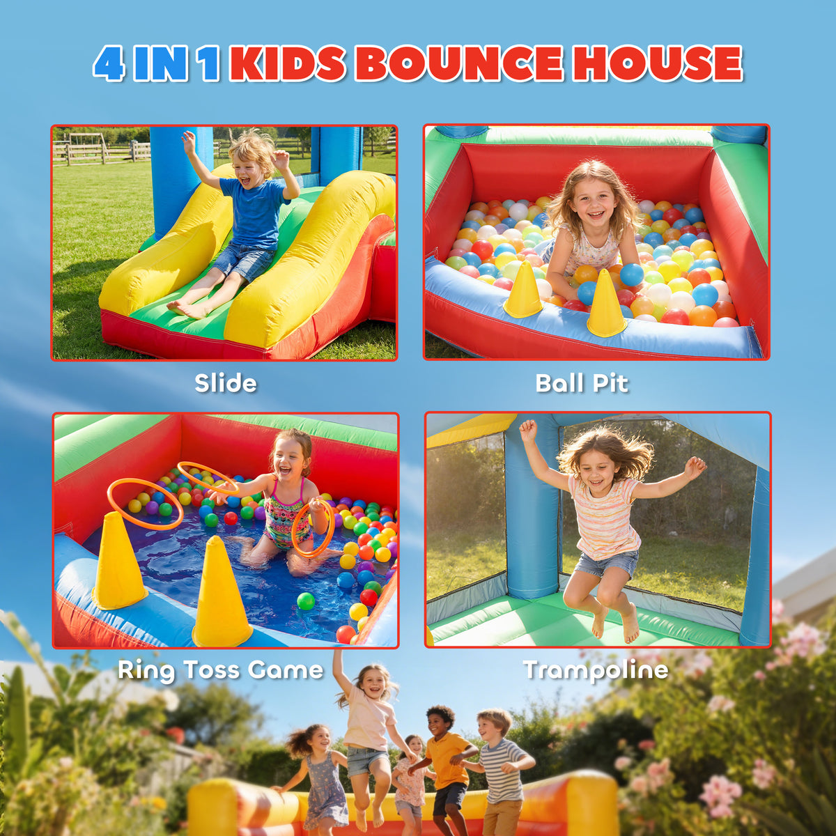 Bouncy Castle for Kids, Inflatable Bounce House with Slide, Ball Pit, Ring Toss Game, Sunshade and Blower-Toys & Games > Kids Outdoor Play > Inflatables-DECOROLALA