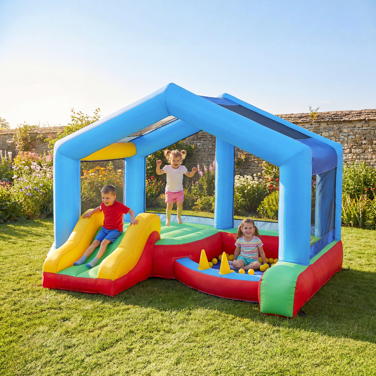 Bouncy Castle for Kids, Inflatable Bounce House with Slide, Ball Pit, Ring Toss Game, Sunshade and Blower-Toys & Games > Kids Outdoor Play > Inflatables-DECOROLALA