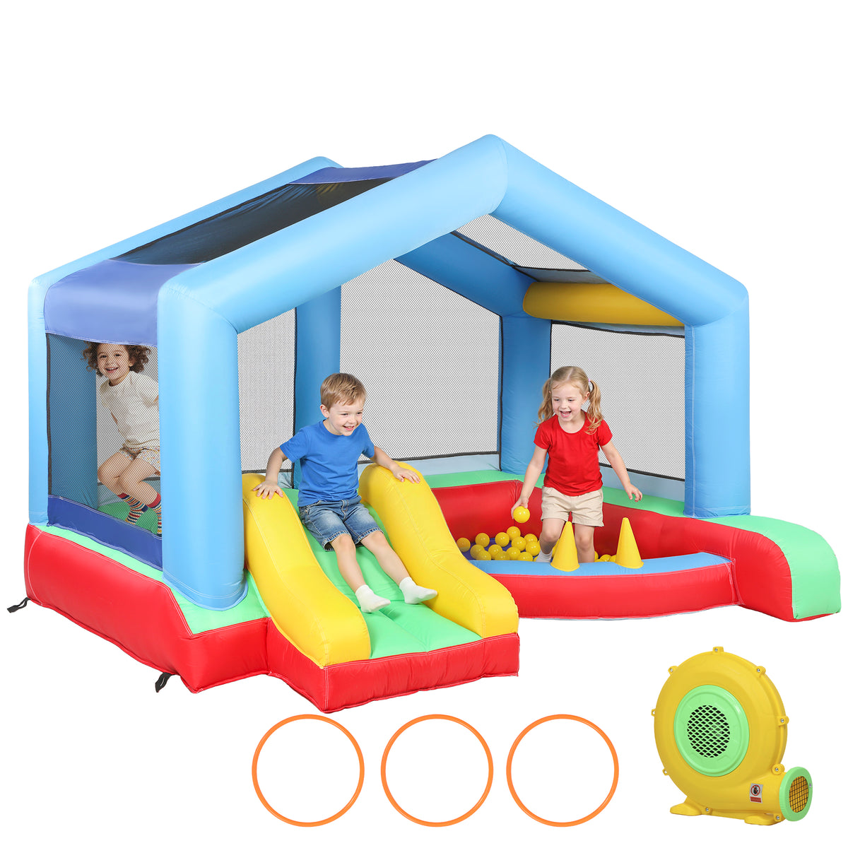 Bouncy Castle for Kids, Inflatable Bounce House with Slide, Ball Pit, Ring Toss Game, Sunshade and Blower-Toys & Games > Kids Outdoor Play > Inflatables-DECOROLALA