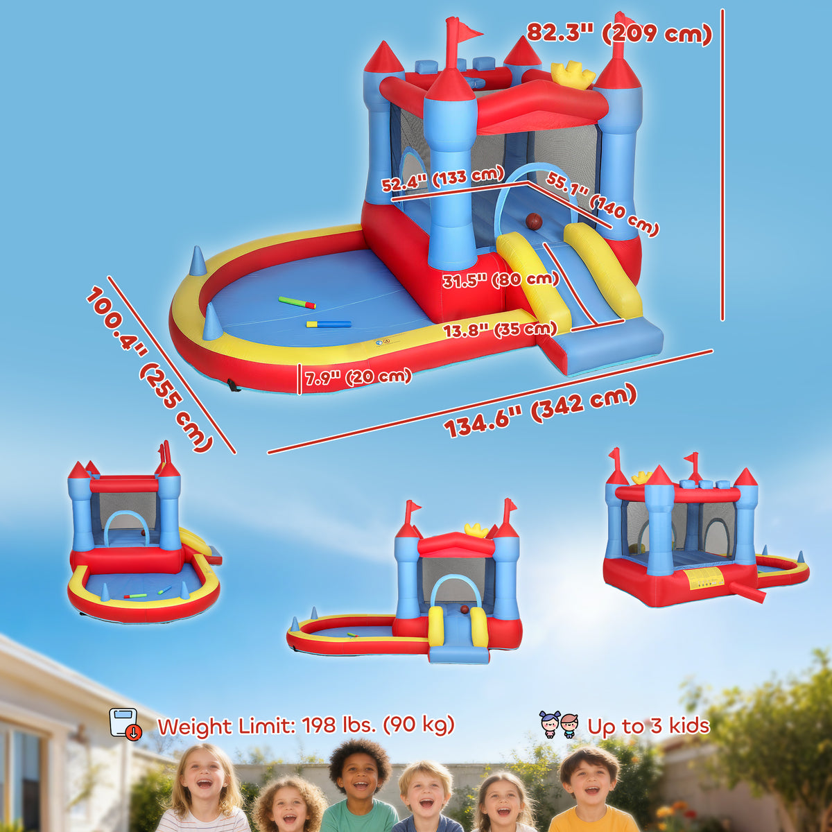 Bouncy Castle for Kids, Inflatable Bounce House with Slide, Pool/Ball Pit, Basketball Hoop and Blower for Indoor Outdoor-Toys & Games > Kids Outdoor Play > Inflatables-DECOROLALA