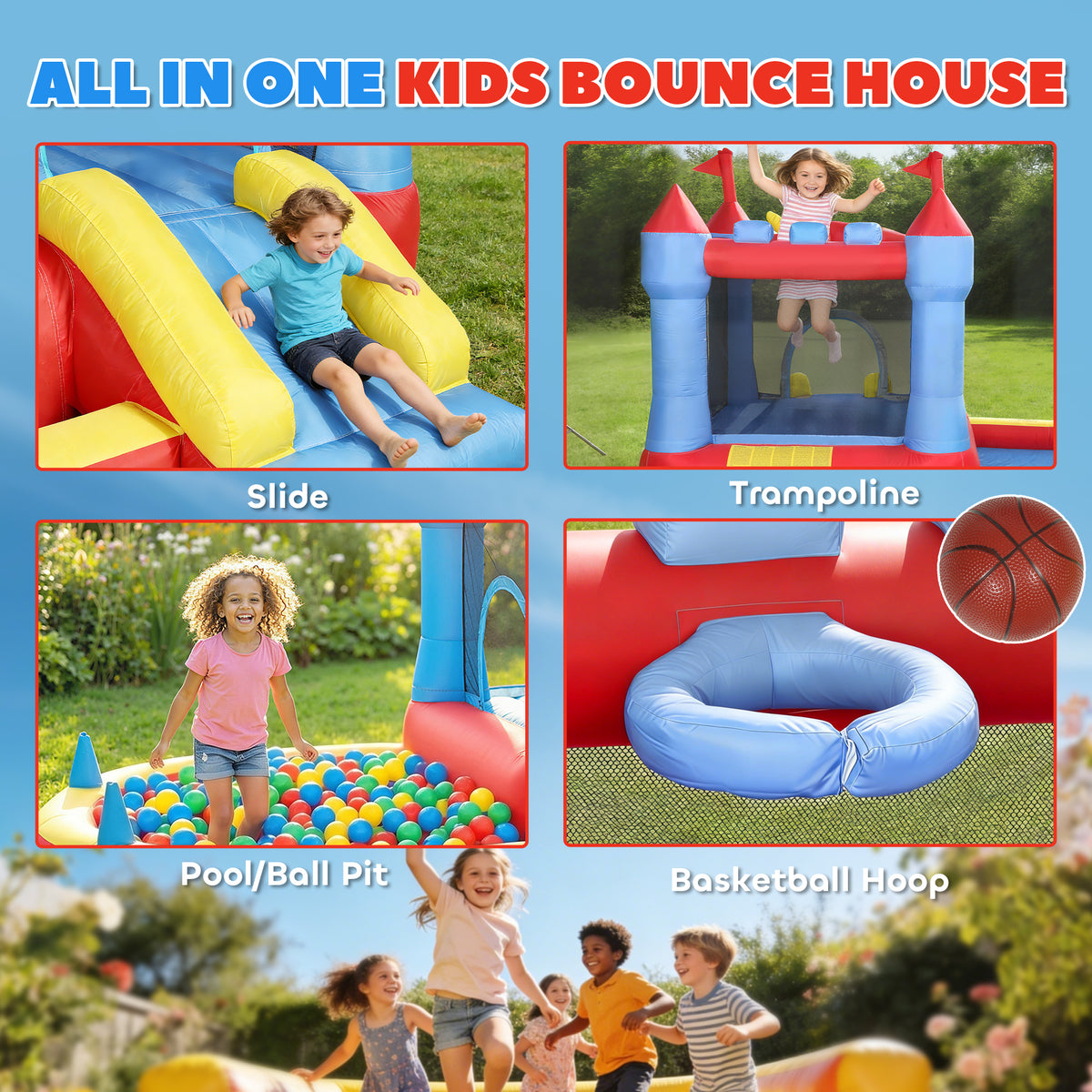 Bouncy Castle for Kids, Inflatable Bounce House with Slide, Pool/Ball Pit, Basketball Hoop and Blower for Indoor Outdoor-Toys & Games > Kids Outdoor Play > Inflatables-DECOROLALA