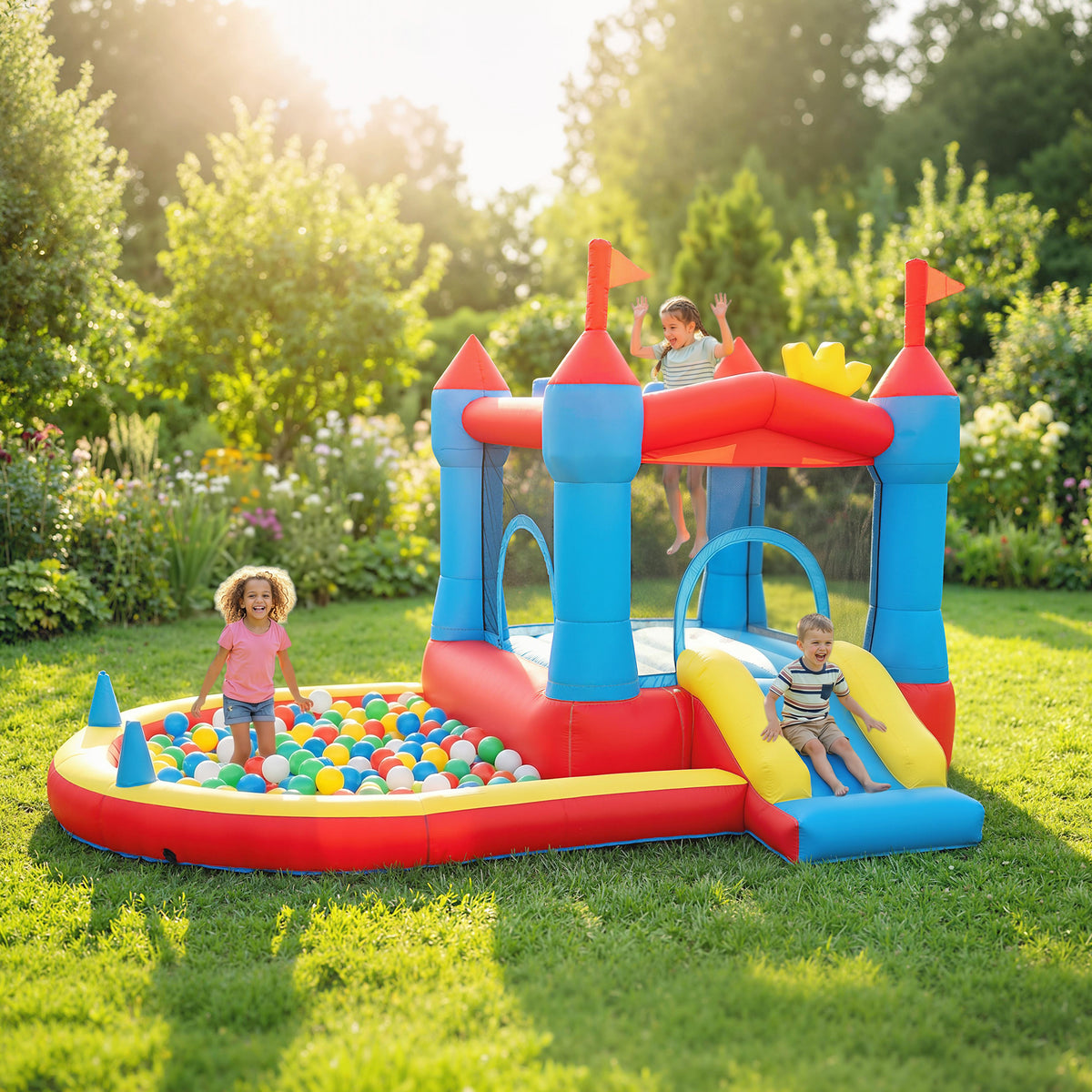 Bouncy Castle for Kids, Inflatable Bounce House with Slide, Pool/Ball Pit, Basketball Hoop and Blower for Indoor Outdoor-Toys & Games > Kids Outdoor Play > Inflatables-DECOROLALA