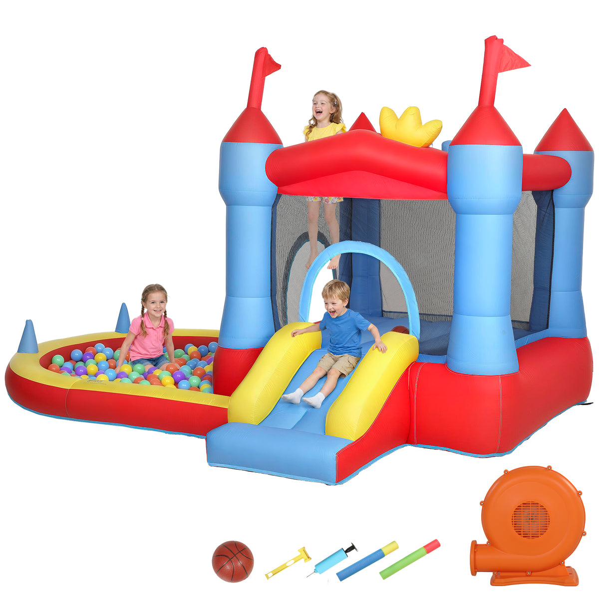 Bouncy Castle for Kids, Inflatable Bounce House with Slide, Pool/Ball Pit, Basketball Hoop and Blower for Indoor Outdoor-Toys & Games > Kids Outdoor Play > Inflatables-DECOROLALA