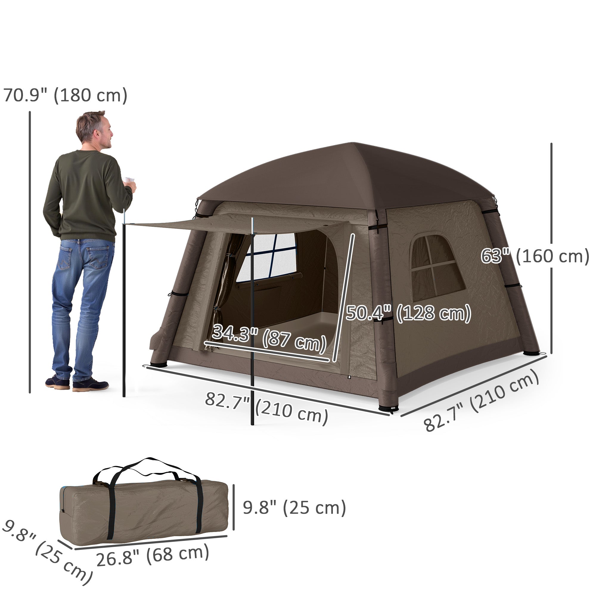 Inflatable Camping Tent, 1-2 Person Glamping Tent with Hand Pump, Blow Up Tent with Doors, Carry Bag, Khaki and Brown-Patio & Garden > Camping Supplies > Camping Tents-DECOROLALA