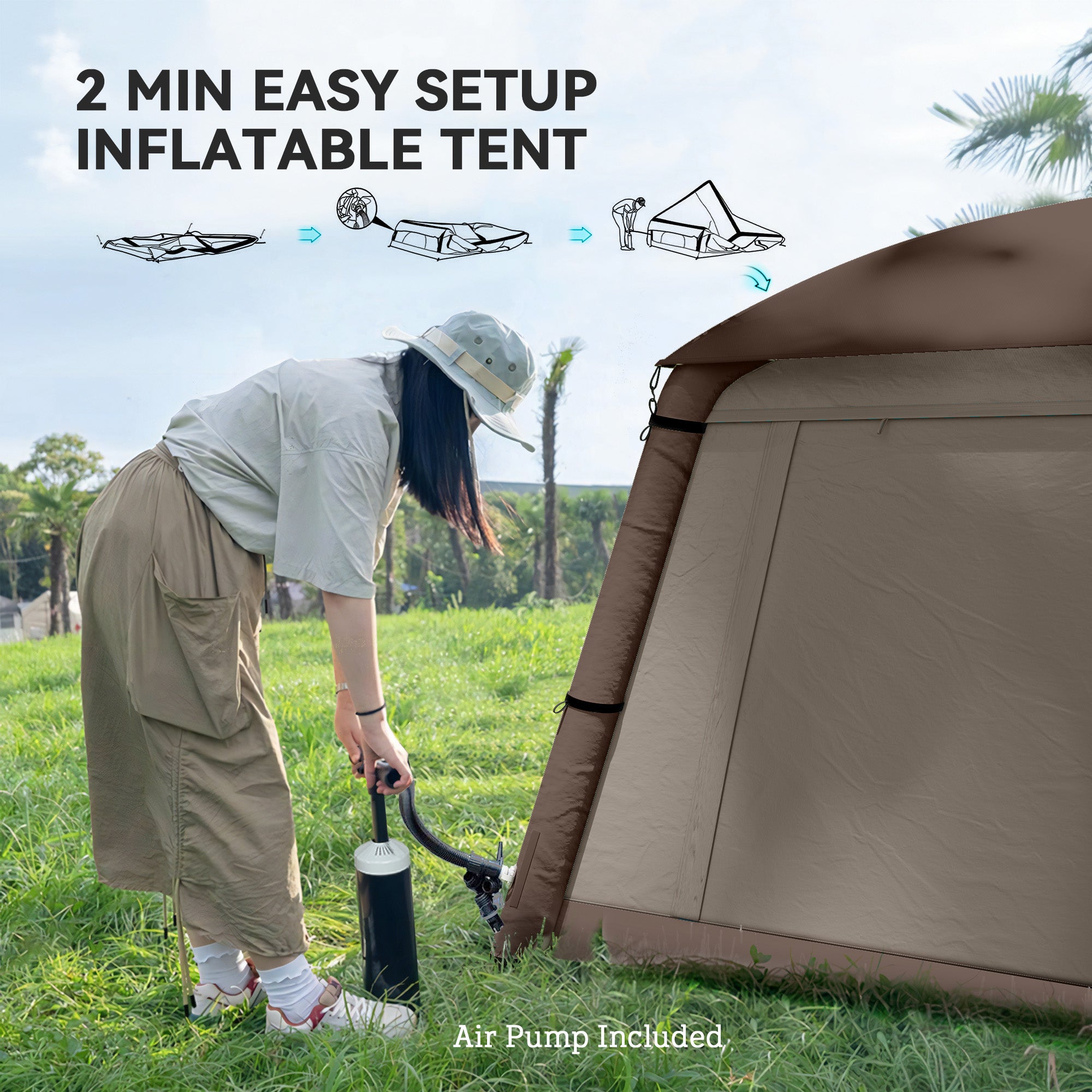 Inflatable Camping Tent, 1-2 Person Glamping Tent with Hand Pump, Blow Up Tent with Doors, Carry Bag, Khaki and Brown-Patio & Garden > Camping Supplies > Camping Tents-DECOROLALA