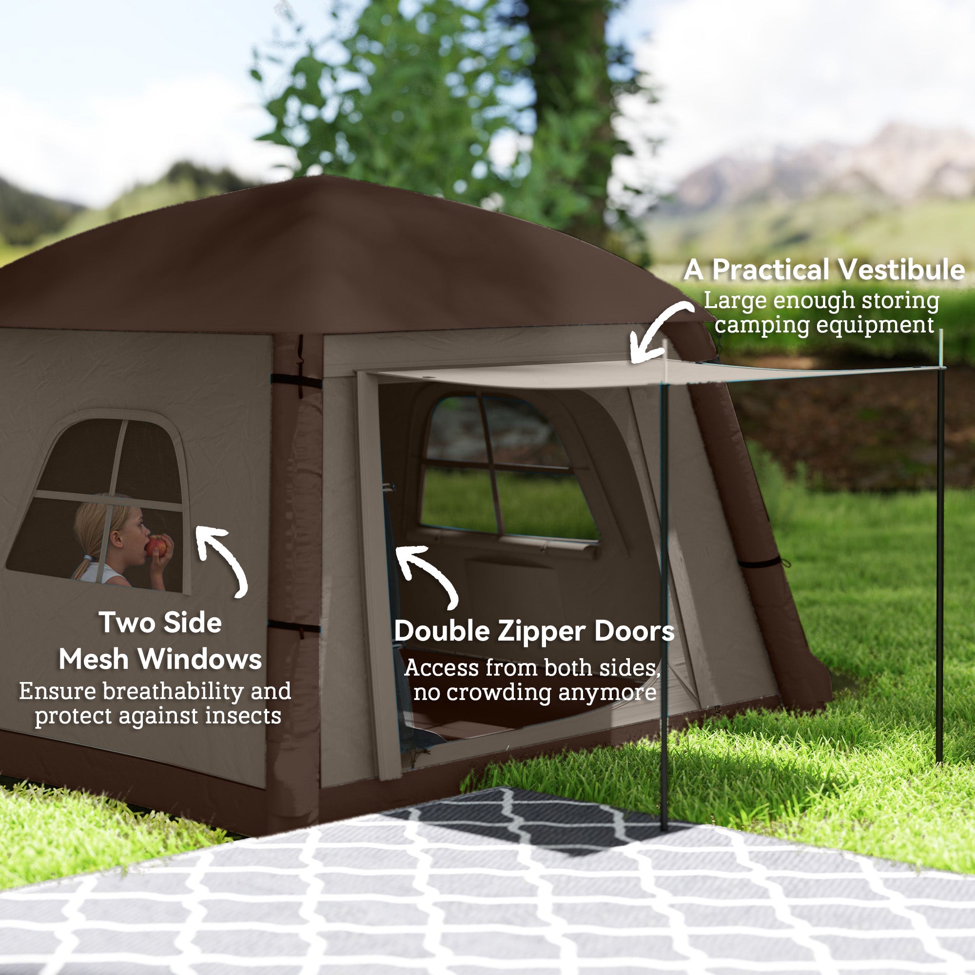 Inflatable Camping Tent, 1-2 Person Glamping Tent with Hand Pump, Blow Up Tent with Doors, Carry Bag, Khaki and Brown-Patio & Garden > Camping Supplies > Camping Tents-DECOROLALA