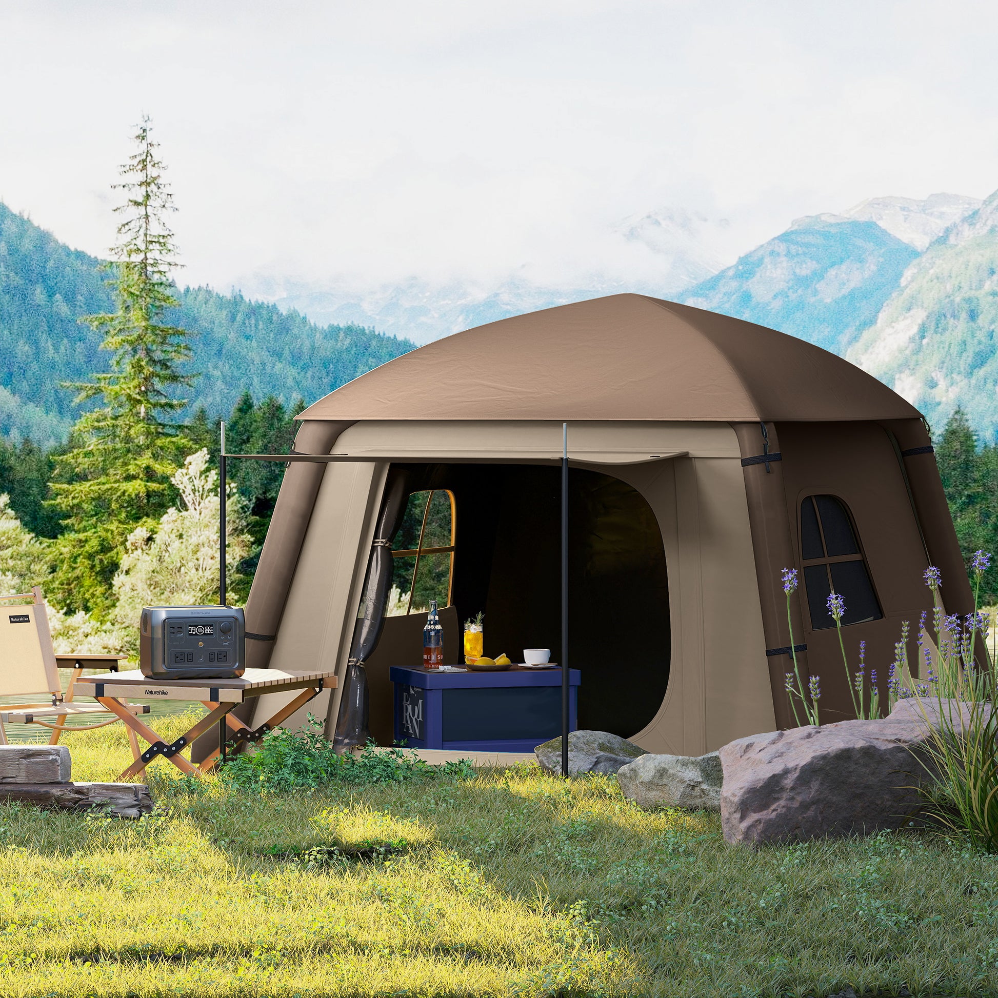 Inflatable Camping Tent, 1-2 Person Glamping Tent with Hand Pump, Blow Up Tent with Doors, Carry Bag, Khaki and Brown-Patio & Garden > Camping Supplies > Camping Tents-DECOROLALA
