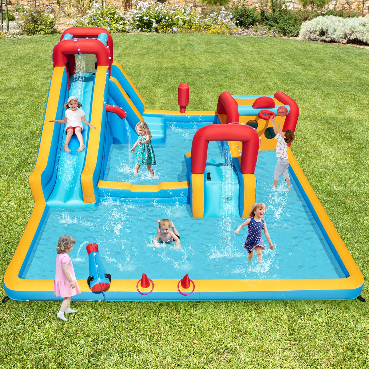 9-in-1 Inflatable Water Slide Park with 680W Blower - Multi-Colored
