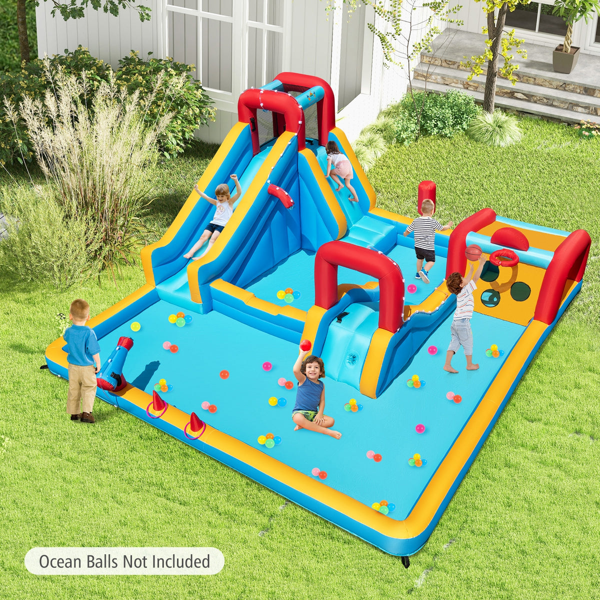 9-in-1 Inflatable Water Slide Park with 680W Blower - Multi-Colored