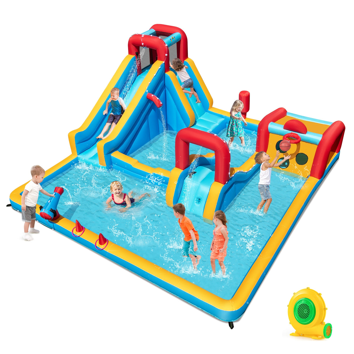 9-in-1 Inflatable Water Slide Park with 680W Blower - Multi-Colored