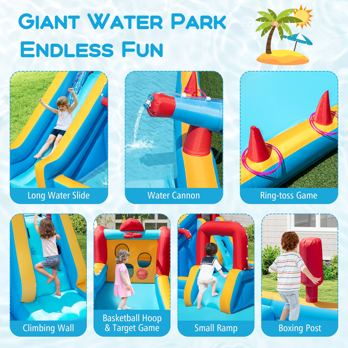 9-in-1 Inflatable Water Slide Park with 680W Blower - Multi-Colored