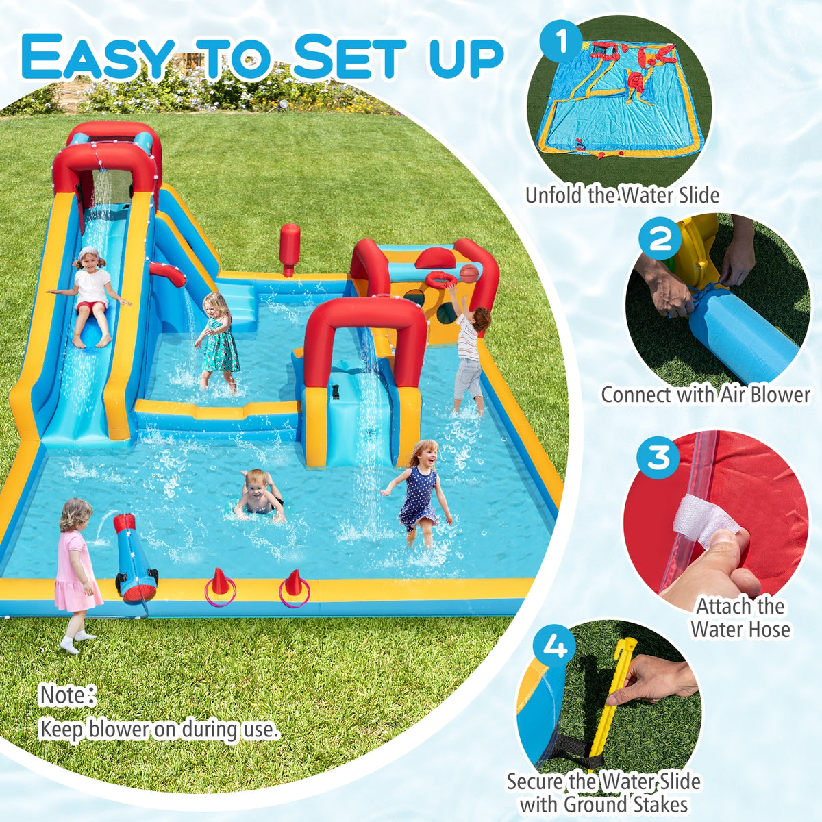 9-in-1 Inflatable Water Slide Park with 680W Blower - Multi-Colored